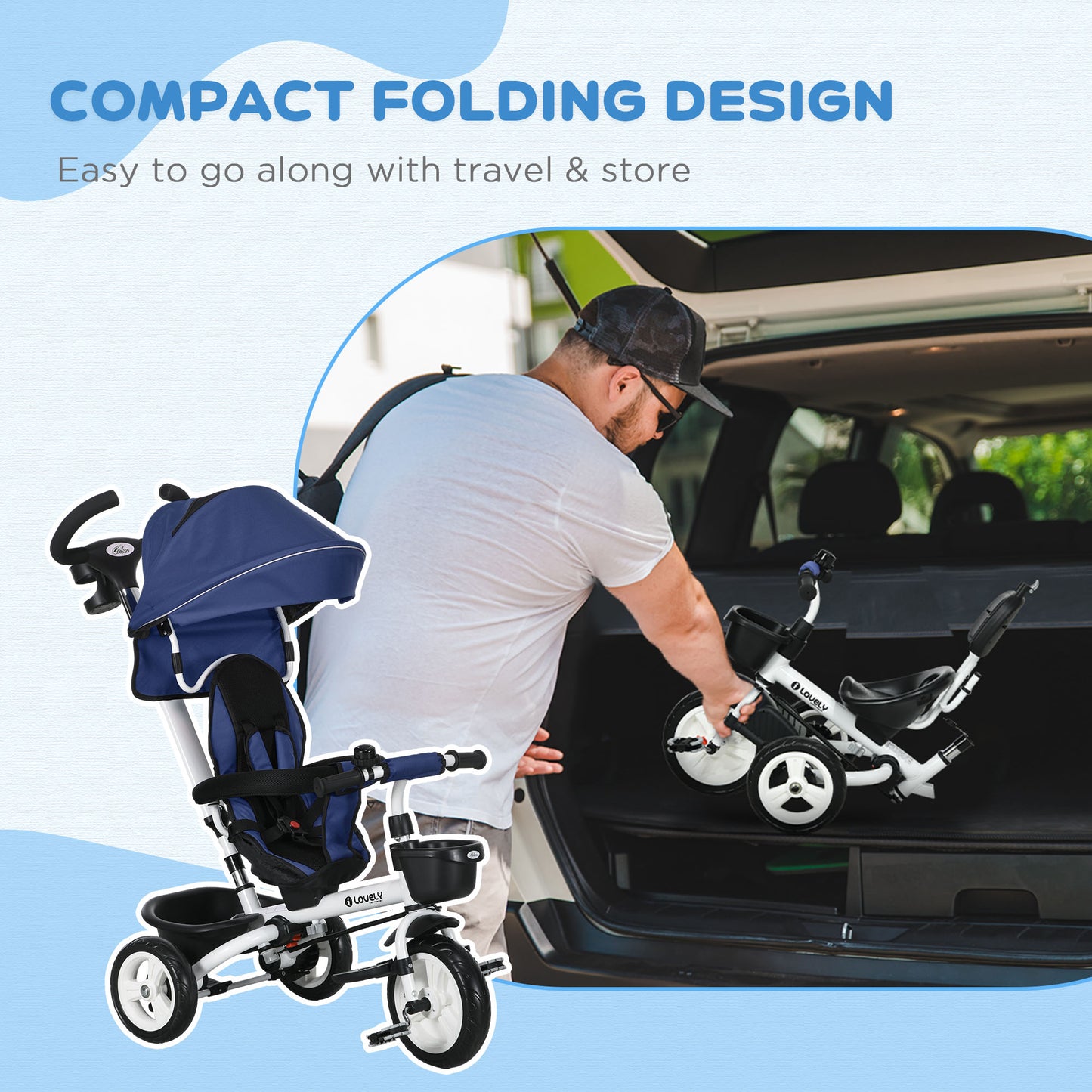 Qaba 6 in 1 Toddler Tricycle with Parent Push Handle, Canopy, Storage Baskets, Cupholder, Dark Blue