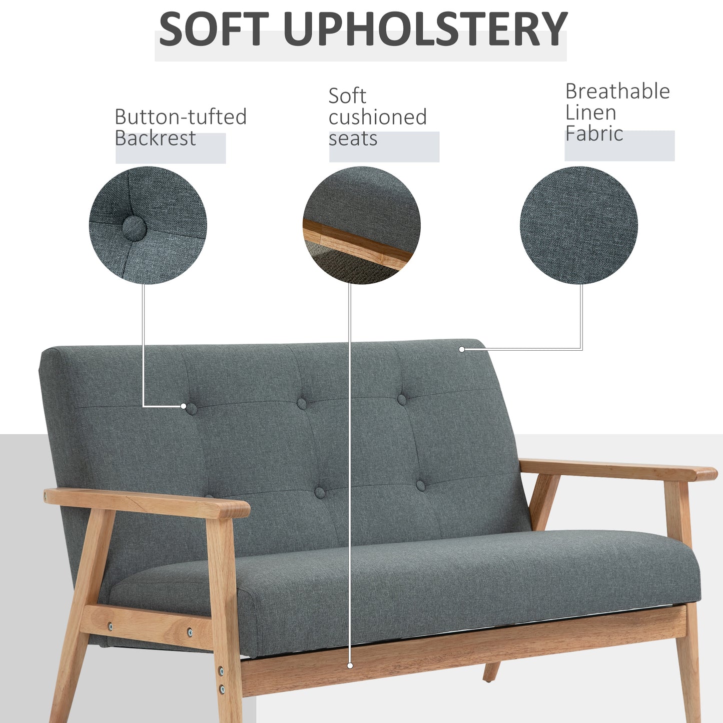 HOMCOM 45" 2 Seat Sofa, Upholstered Two Seater Couch with Rubber Wood Legs for Bedroom, Living Room, Dark Grey