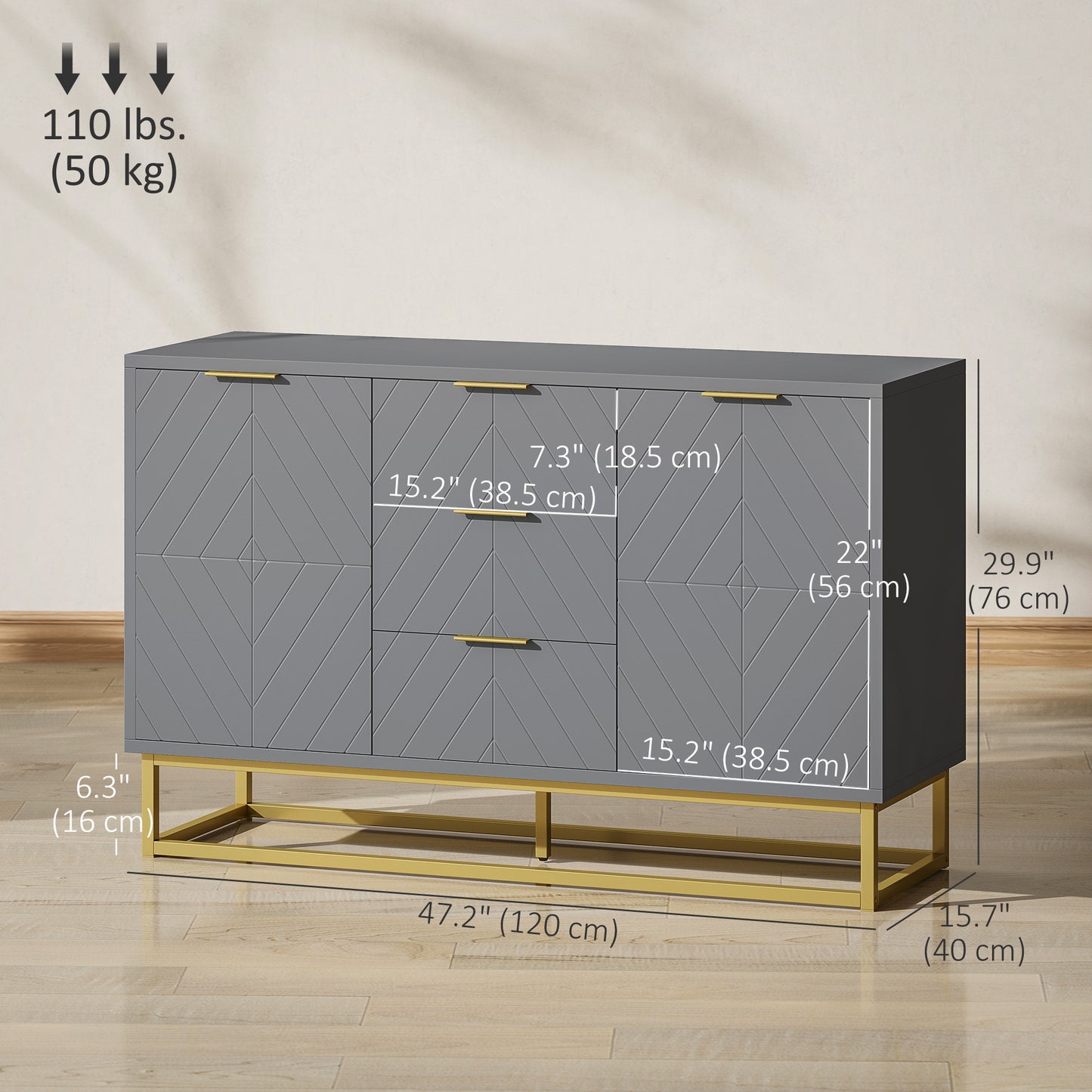HOMCOM 47" Sideboard Buffet Cabinet with Storage, Contemporary Buffet Cabinet with Adjustable Shelves and Metal Legs, Kitchen Storage Cabinet with Elevated Base, White