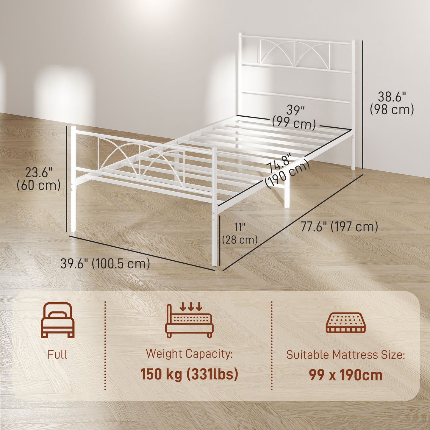 HOMCOM Metal Full Platform Bed Frame with Headboard, Steel Slat Support, Underbed Storage, No Box Spring Needed, Easy Assembly