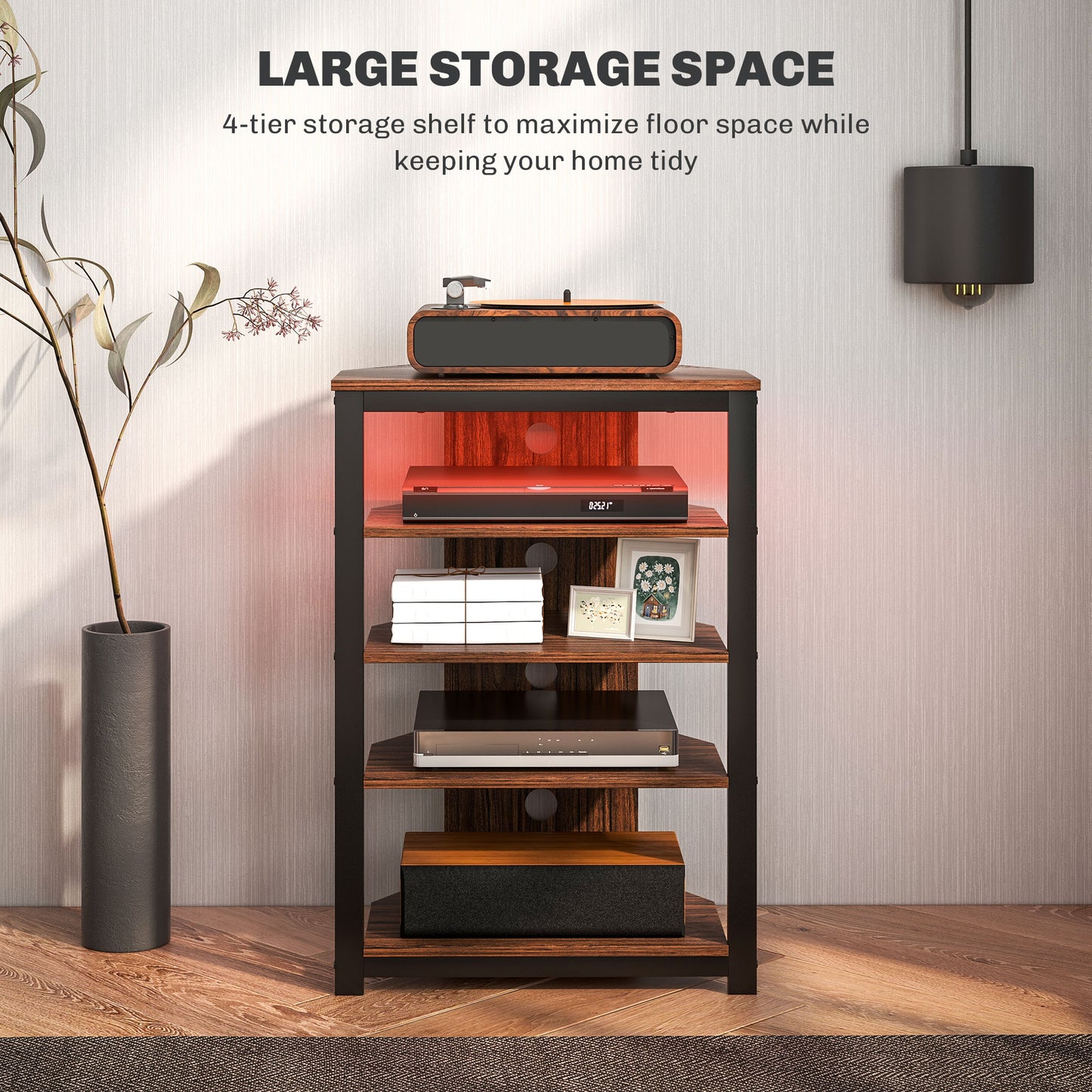 HOMCOM TV Stand for TVs up to 29", Entertainment Center with 4-Tier Storage Shelves and LED Lights for Living Room