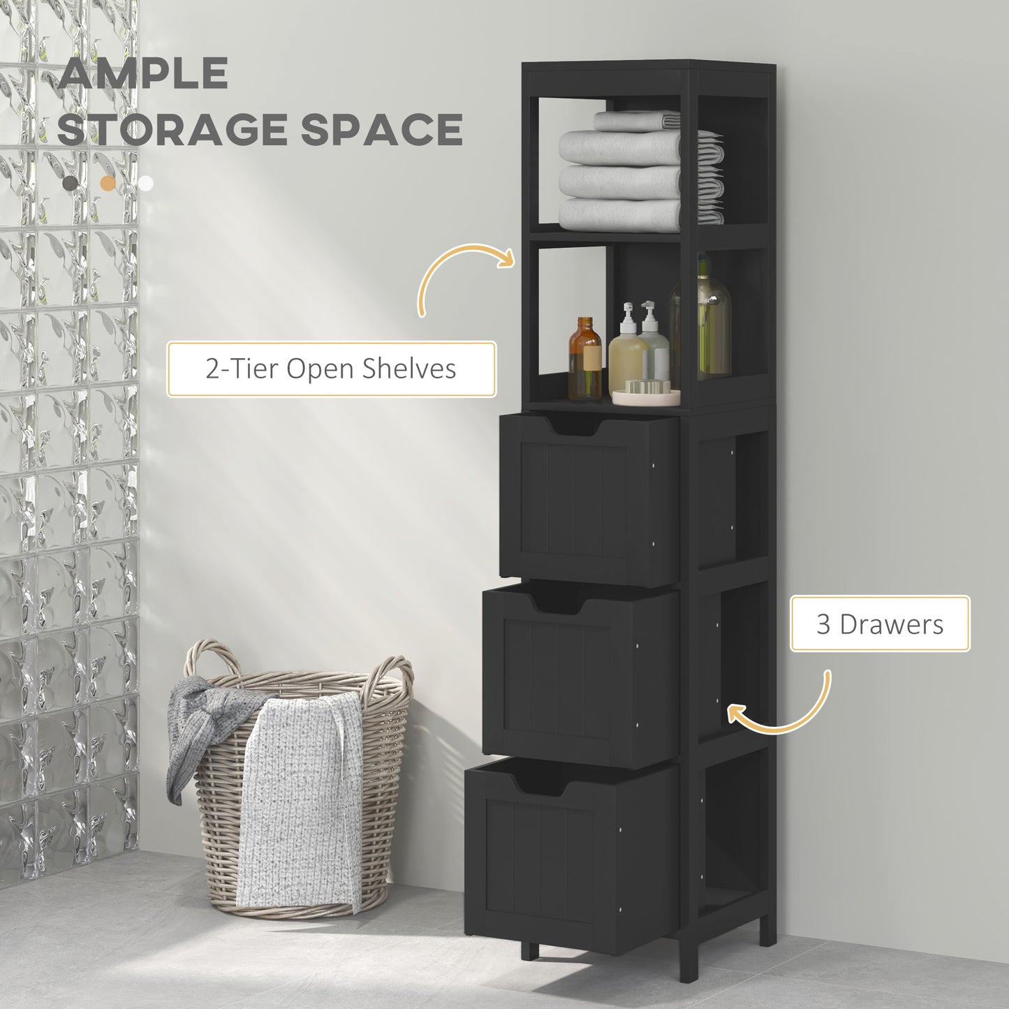 kleankin Narrow Bathroom Cabinet with 3 Drawers and 2 Tier Shelf, Tall Cupboard Freestanding Linen Tower, White