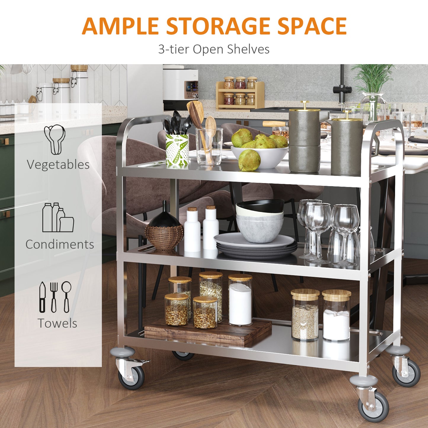 HOMCOM 33" 3-Tier Kitchen Trolley Medical Treatment Laboratory Equipment Carts, Stainless Steel Rolling Kitchen Island, Wheeled Storage Utility Serving Cart, 330LBS Heavy Gauge