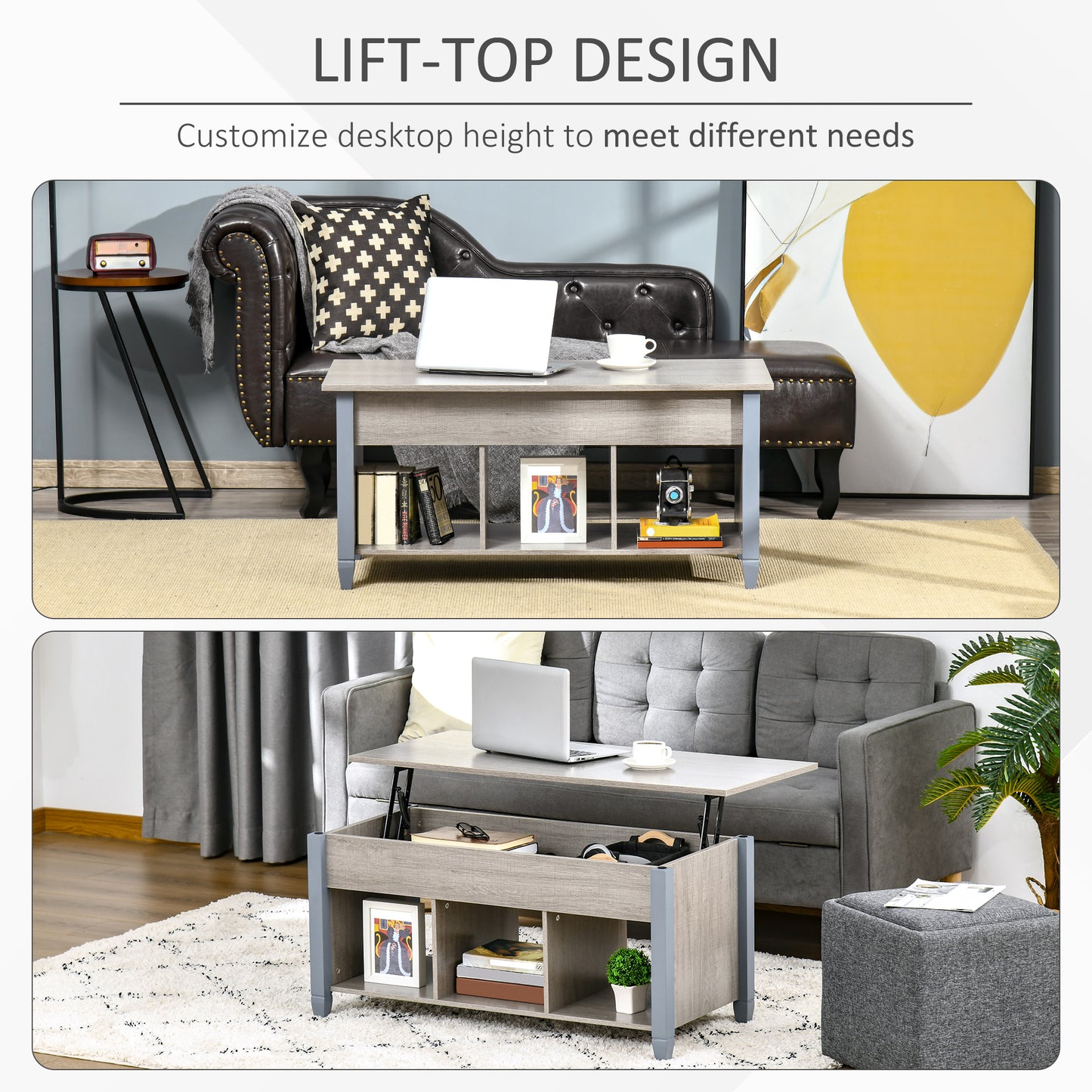 HOMCOM Lift Top Coffee Table with Hidden Storage Compartment and 3 Lower Shelves, Pop-Up Center Table for Living Room, Espresso