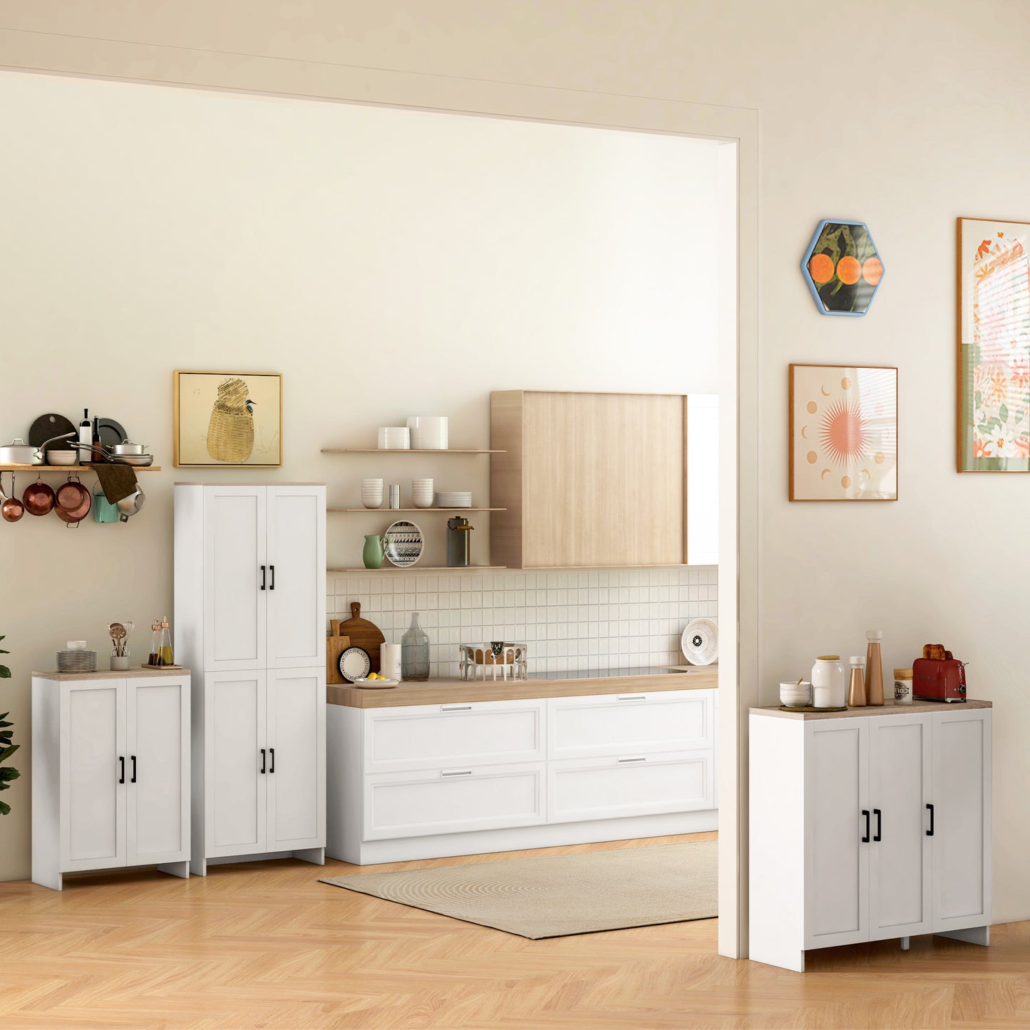 HOMCOM 67" 4-Door Kitchen Pantry Cabinet, Freestanding Storage Cabinet Cupboard with Adjustable Shelves, White