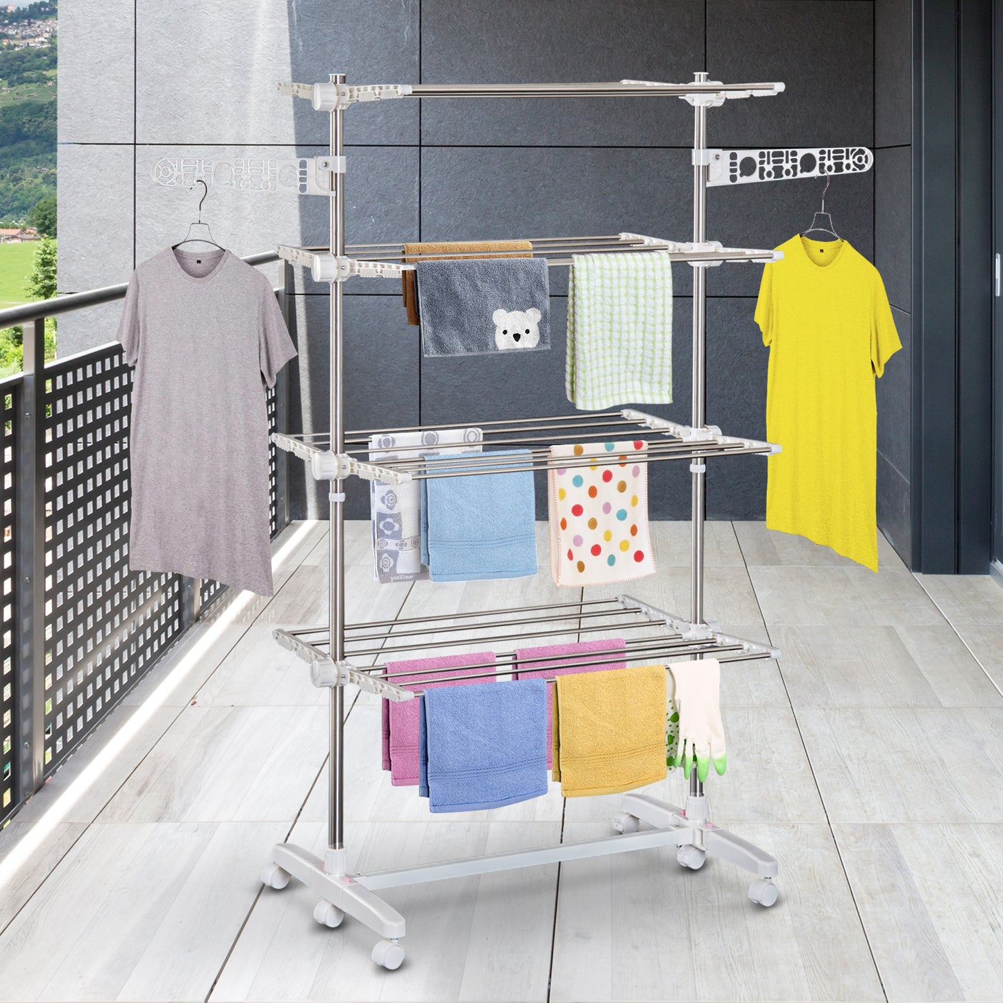 HOMCOM 3-Tier Foldable Clothes Drying Rack, Stainless Steel Laundry Rack with 2 Side Wings and 6 Castors, Collapsible Adjustable Clothes Airer for Indoor Outdoor, White
