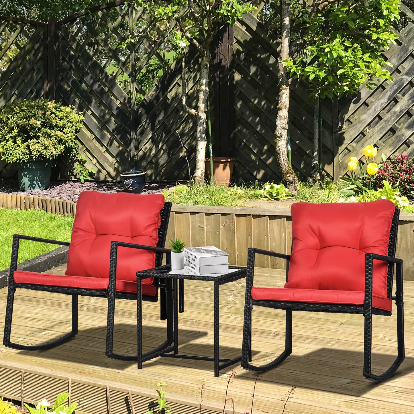 Outsunny 3 Pieces Rocking Bistro Set, Outdoor Wicker Patio Furniture with Glass Coffee Table and Outside Rocking Chairs for Porch, Conversation Sets with Thick Cushions, Blue