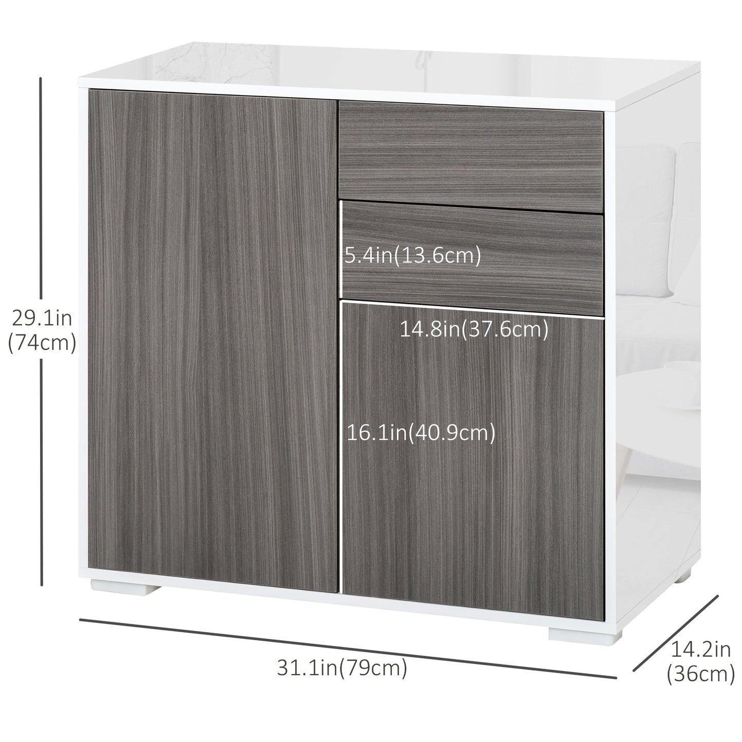 HOMCOM High Gloss Buffet Sideboard with 2 Drawers, 2 Doors and Adjustable Shelf, Kitchen Storage Cabinet with Push Open Design, White
