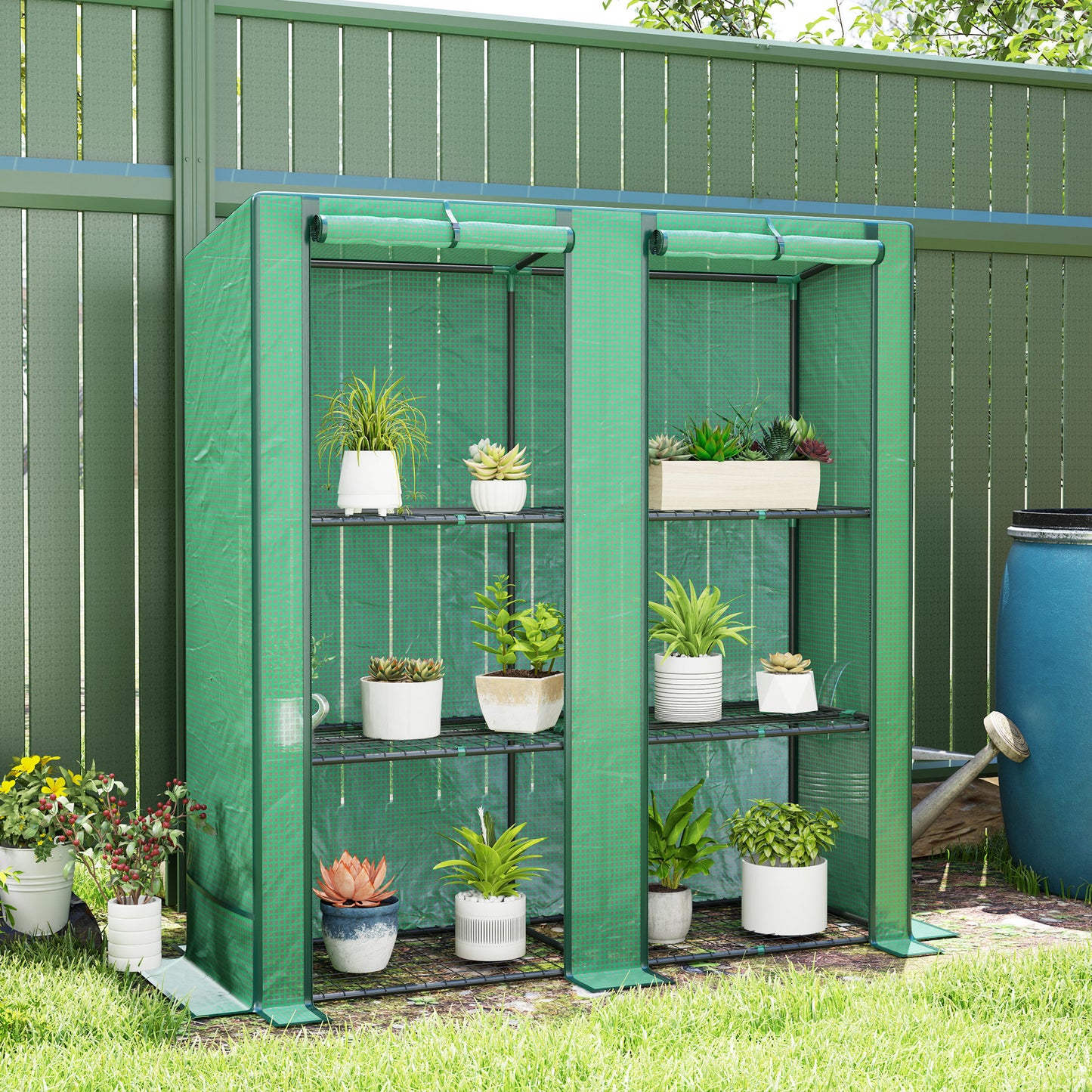Outsunny Mini Greenhouse with 3 Tier Shelves, 3 Roll-Up Doors for Indoor Outdoor, Green