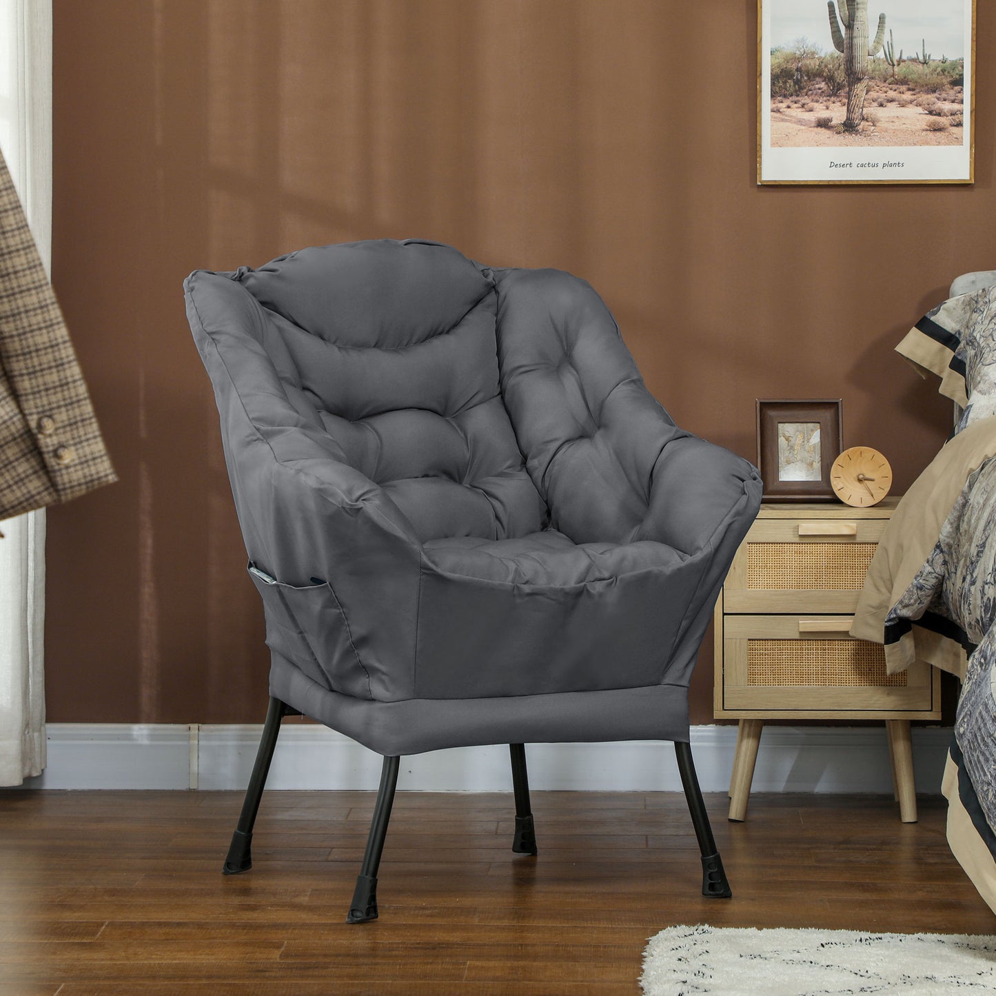 HOMCOM Modern Accent Chair, Armchair with Side Pockets and Solid Steel Legs, Comfy Reading Chair for Living Room, Cream White