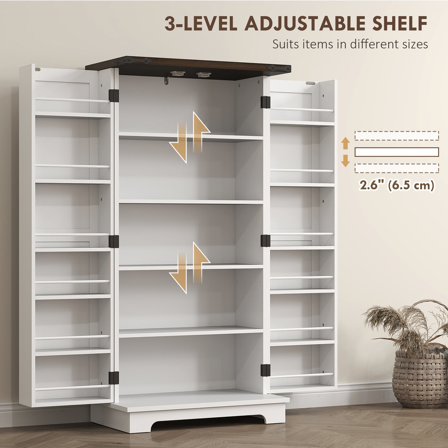 HOMCOM Farmhouse Kitchen Pantry Storage Cabinet, Kitchen Pantry Cabinet with Doors and Adjustable Shelves, White