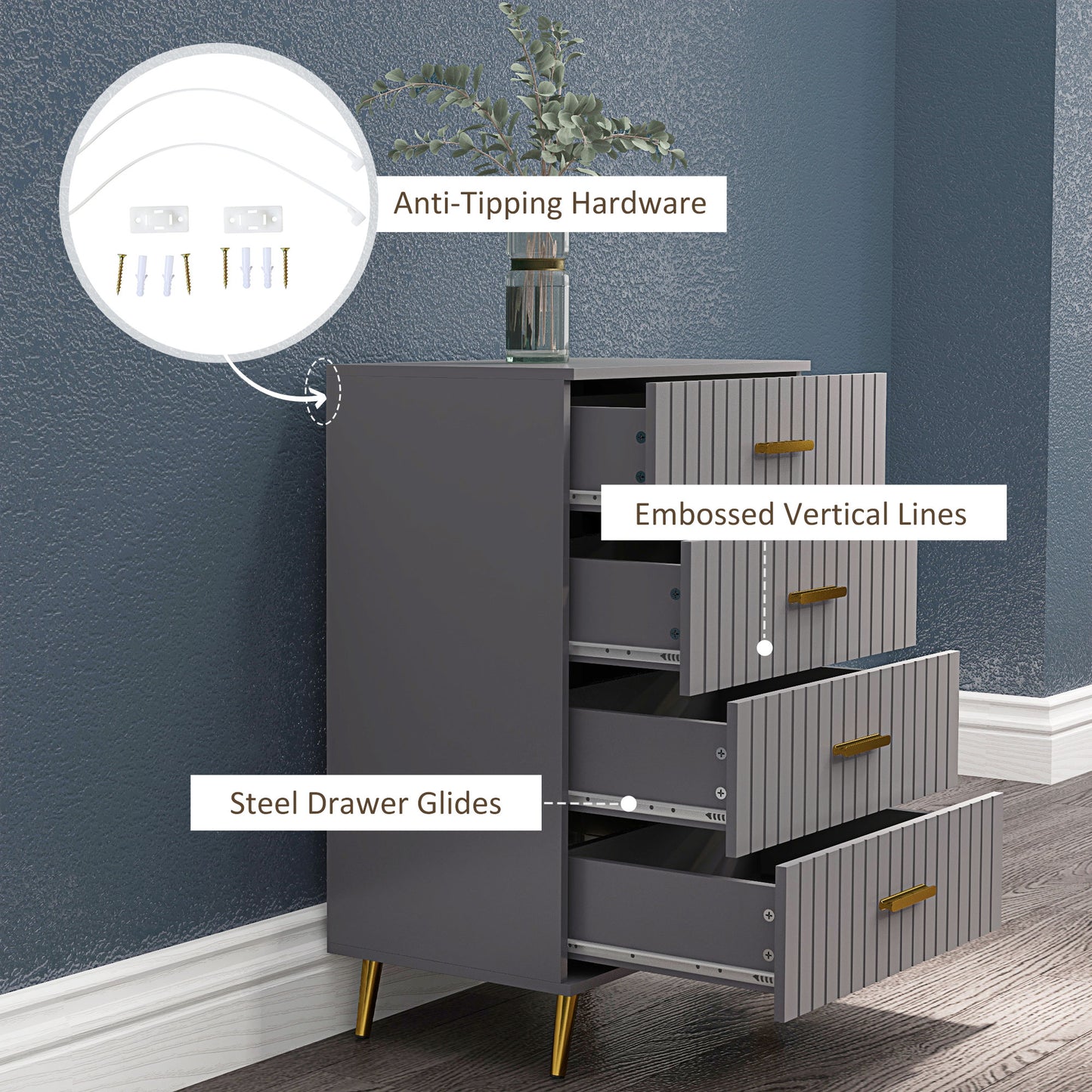 HOMCOM 3 Drawer Cabinet, Drawer Chest for Bedroom, Chest of Drawers with Aluminium Legs and Gold Handles, Dark Grey