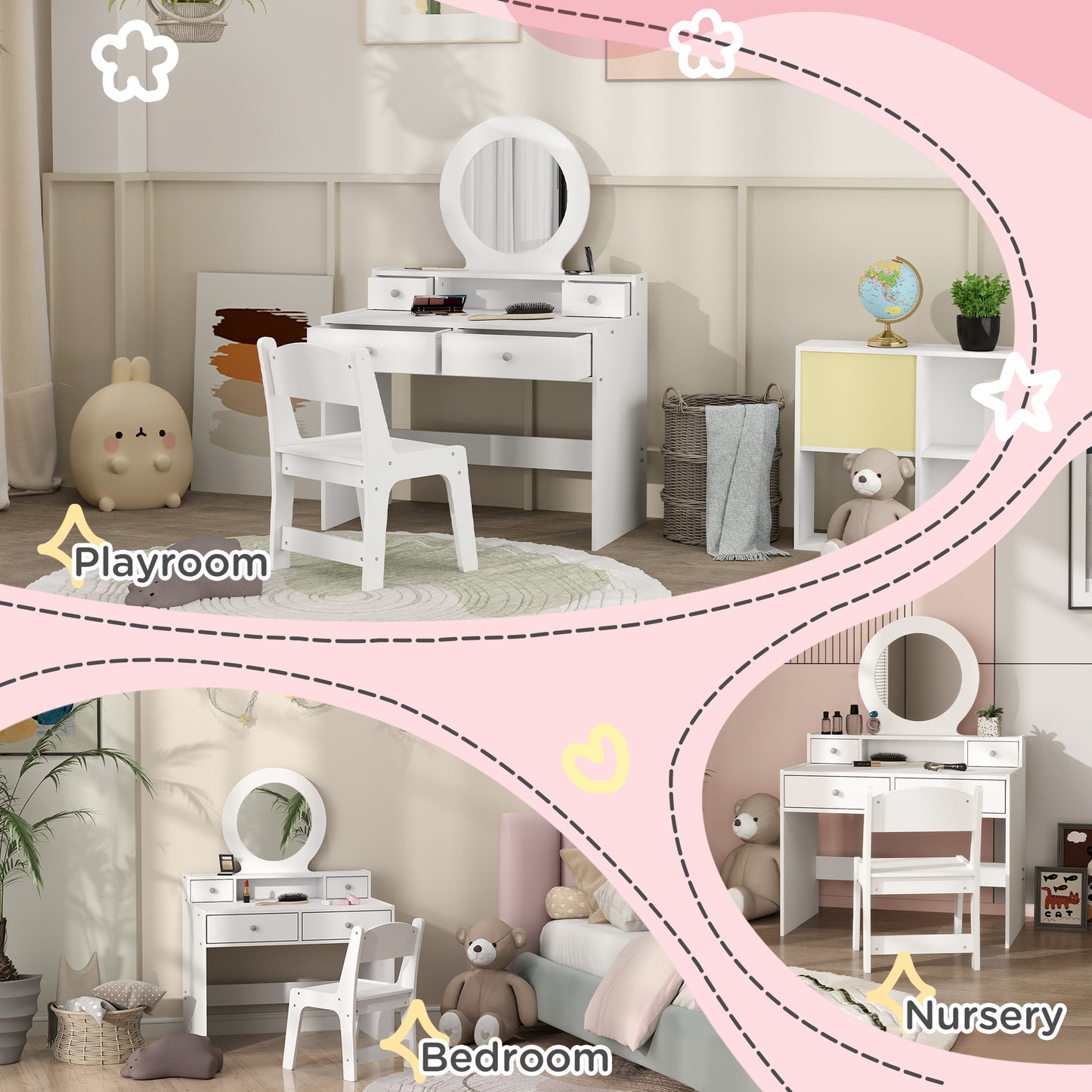 Qaba Kids Vanity Set, Dual-Use Dressing Table with Removable Tri-Folding Mirror and Drawer, for Ages 3-8, Pink