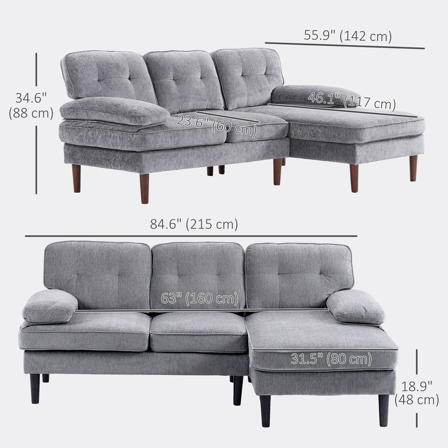 HOMCOM Modern Corner Couch with Right Chaise Lounge, Tufted 3-Seater Sofa with Wooden Legs for Living Room, Navy Blue