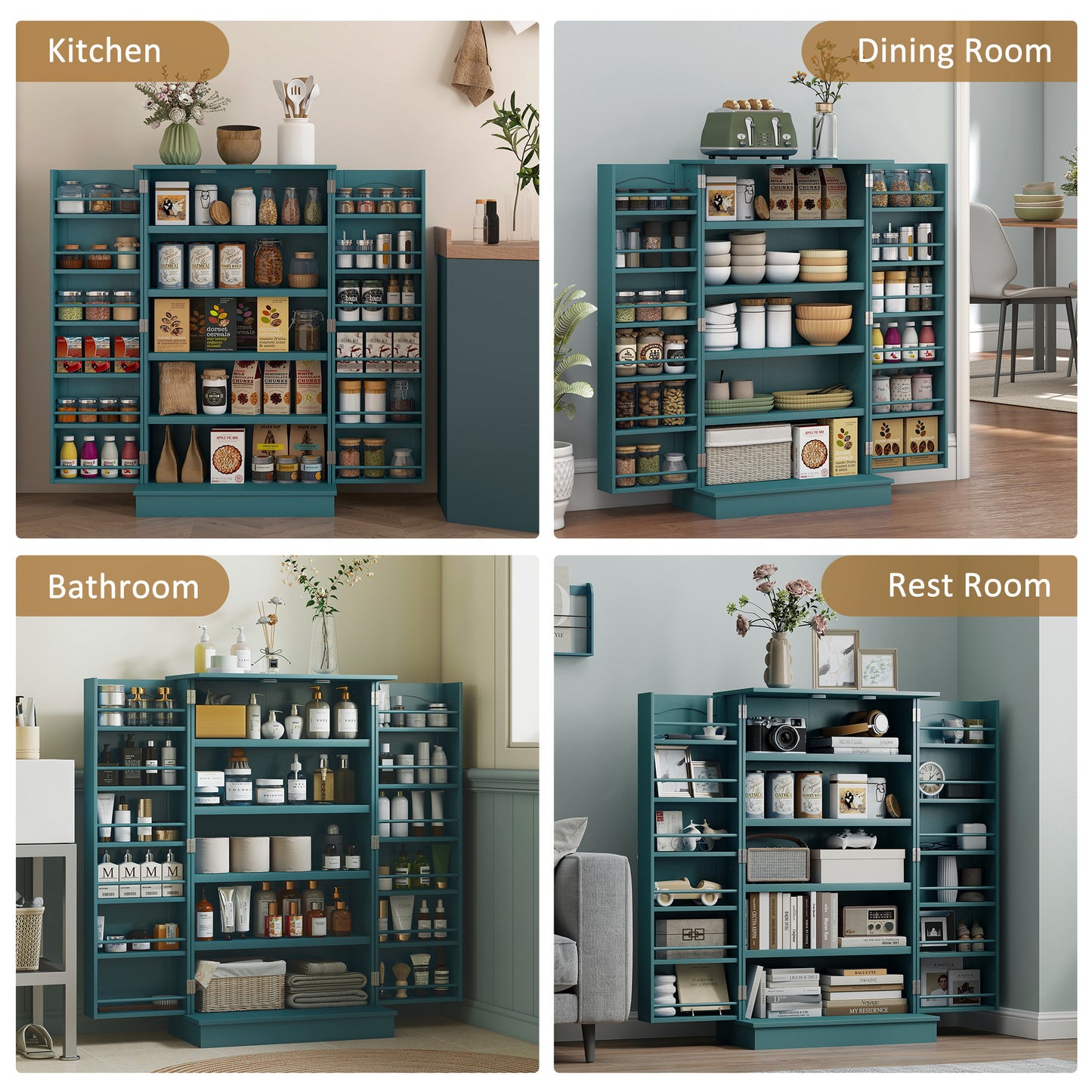 HOMCOM 41" Storage Cabinet, 2-Door Kitchen Pantry Cabinet with 5-tier Shelving, 12 Spice Racks and Adjustable Shelves, Grey