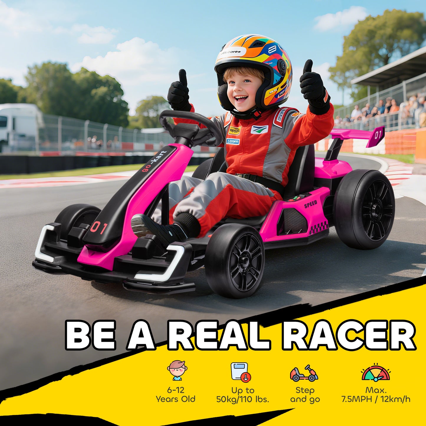 Aosom 24V Electric Go Kart, Battery Powered Kids Drift Kart with Adjustable Seat, Seat Belt, Horn, Music, Light, White
