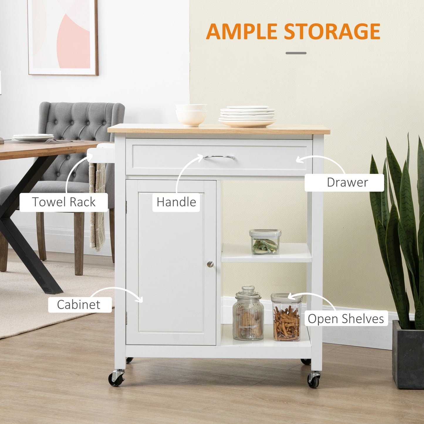 HOMCOM Rolling Kitchen Cart with Wood Top and Drawer, Kitchen Island on Wheels for Dining Room, Grey