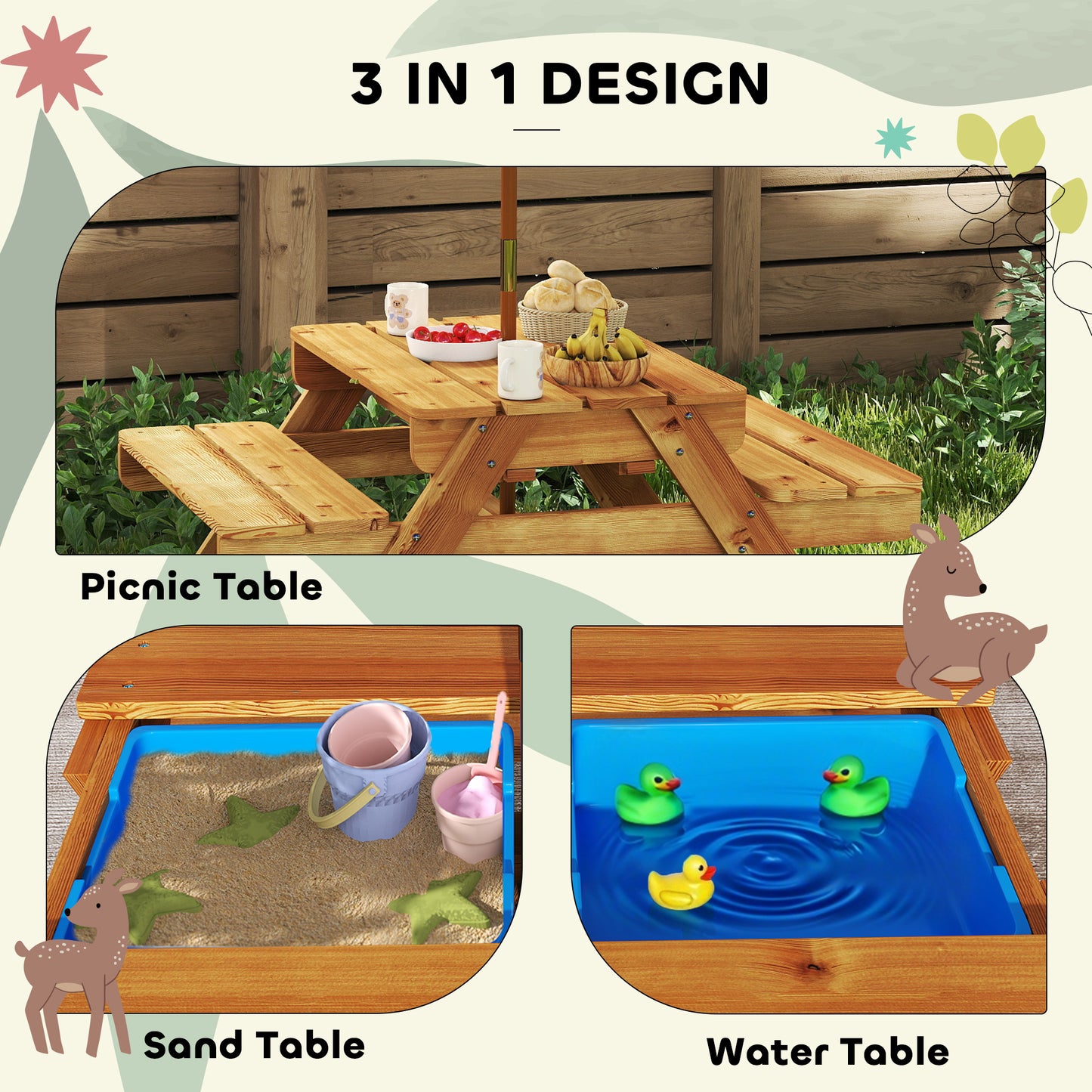 Outsunny Kids Outdoor Table Set Wooden Toddler Picnic Table and Benches for 4 Kids 3-8 Years, Easy Installation, Natural Wood