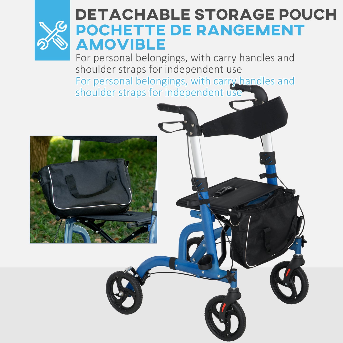 HOMCOM Rollator Walker for Seniors and Adults with 8'' Wheels, Padded Seat and Backrest, Storage Bag Blue