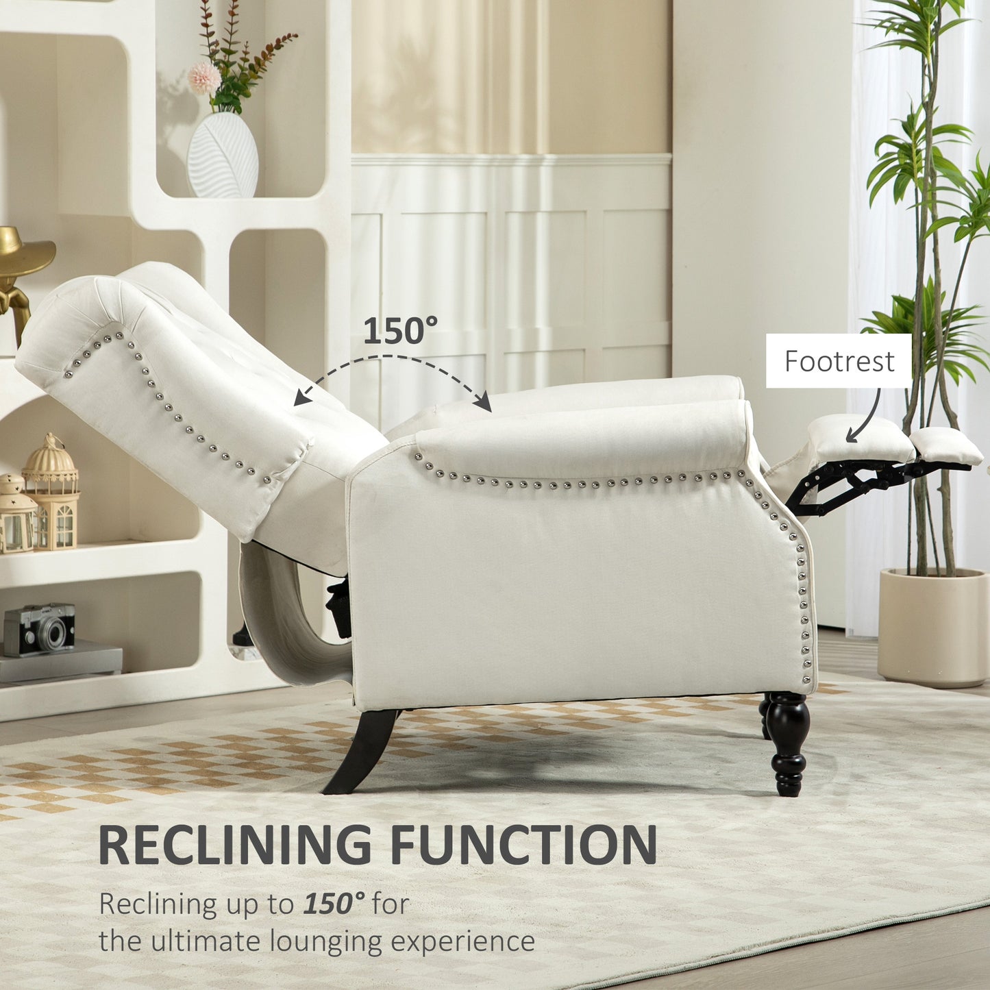 HOMCOM Wingback Reclining Chair with Footrest, Button Tufted Recliner Chair with Rolled Armrests for Living Room, Light Grey