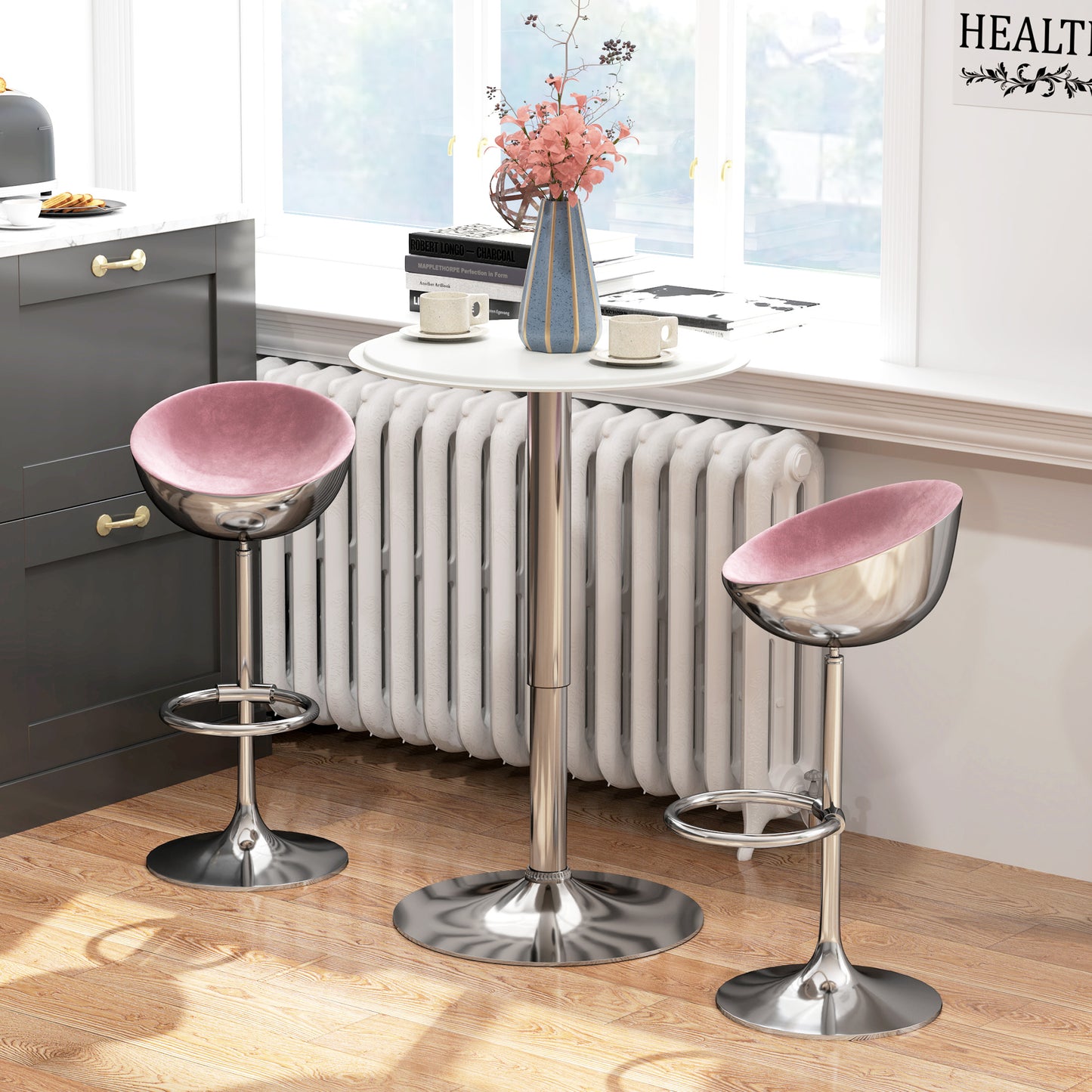 HOMCOM Modern Round Bar Table Adjustment Height Home Pub Bistro Desk Faux Leather Covered Wooden Top Chrome Base White