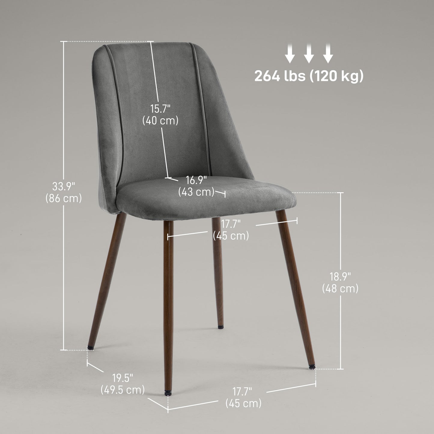 HOMCOM Upholstered Dining Chairs Set of 4, Velvet Accent Chair with Back and Wood-grain Steel Leg for Kitchen, Grey