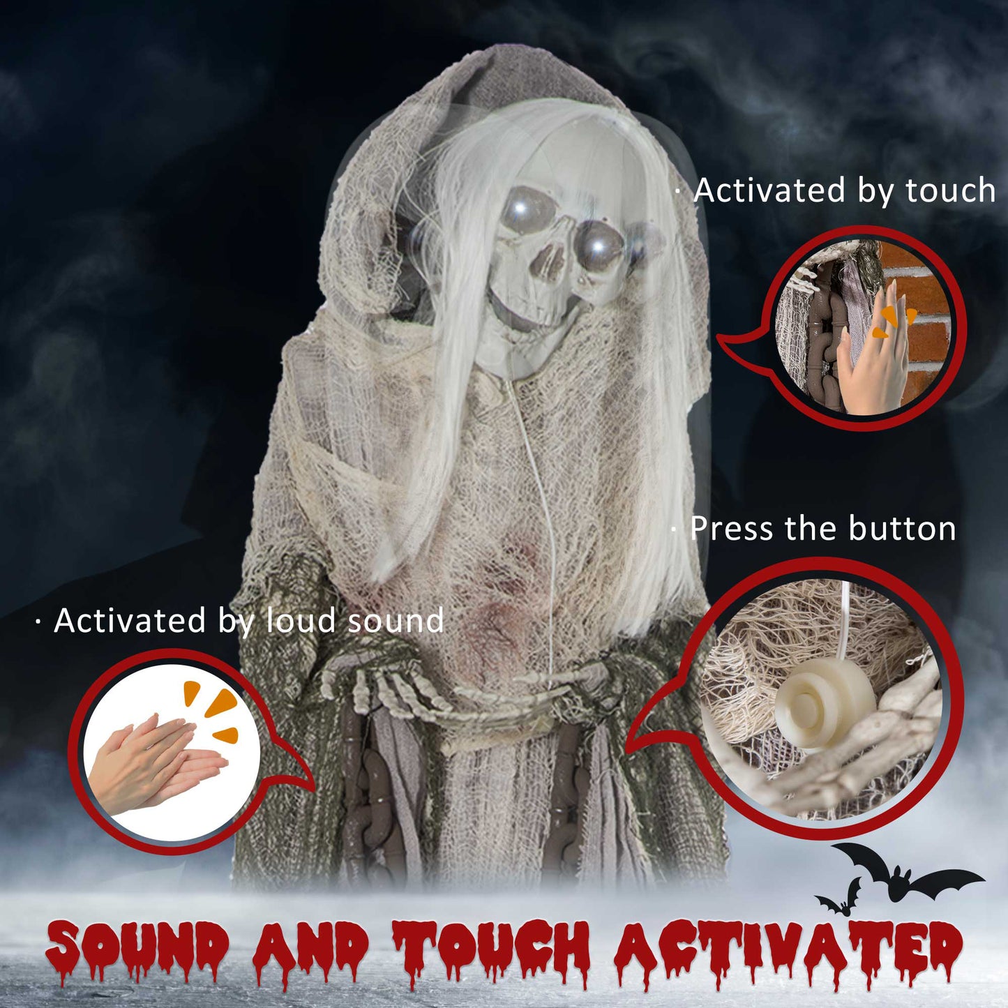 Outsunny 6ft Life Size Outdoor Halloween Decoration Skeleton Witch, Animated Prop with Light Up Eyes, Spooky Sound