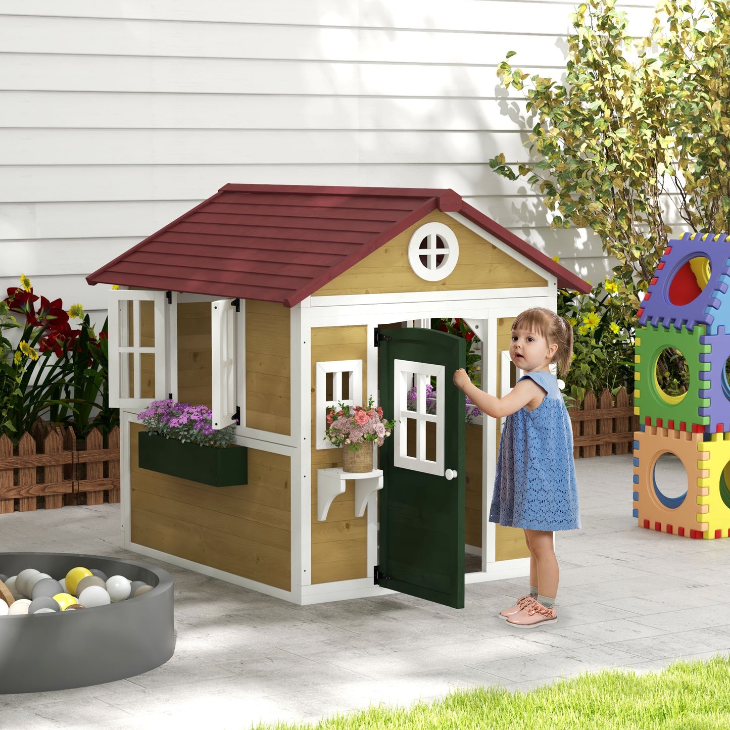 Outsunny Wooden Playhouse for Kids Outdoor with Door, Windows, Planter Pots and Boxes for Toddlers 3-8 Years, Beige