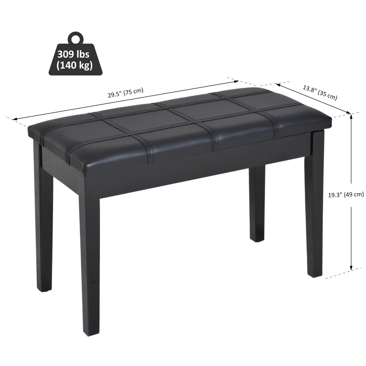 HOMCOM Classic Piano Bench Stool, PU Leather Padded Keyboard Seat with Rubber Wood Legs and Music Storage Compartment, Banded Seat, Black