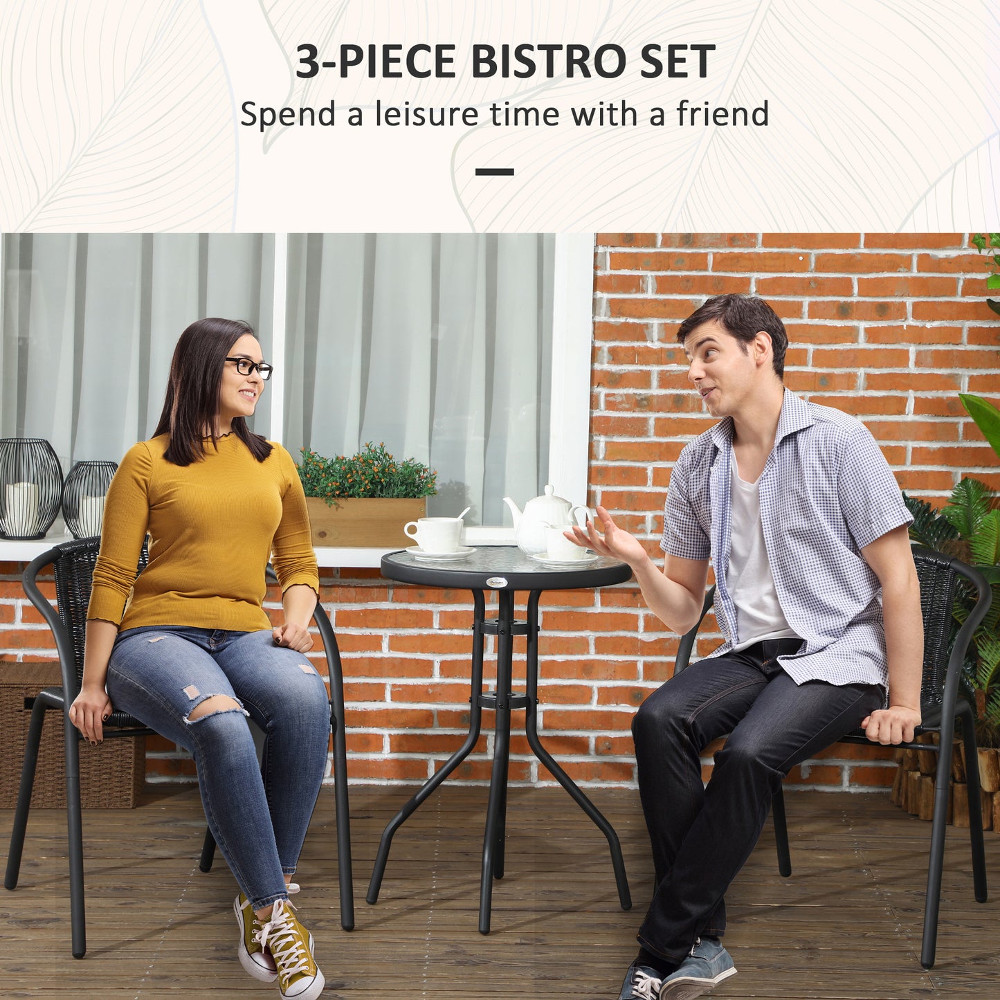 Outsunny 3 Pieces Outdoor Wicker Furniture Set with 2 Stackable Chairs, Tempered Glass Coffee Table for Garden, Backyard, Black