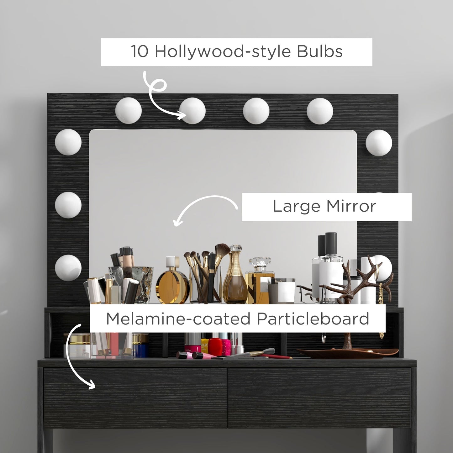 HOMCOM Vanity Table, Makeup Dressing Table with LED Lighting Mirror, Drawers, for Bedroom, Black