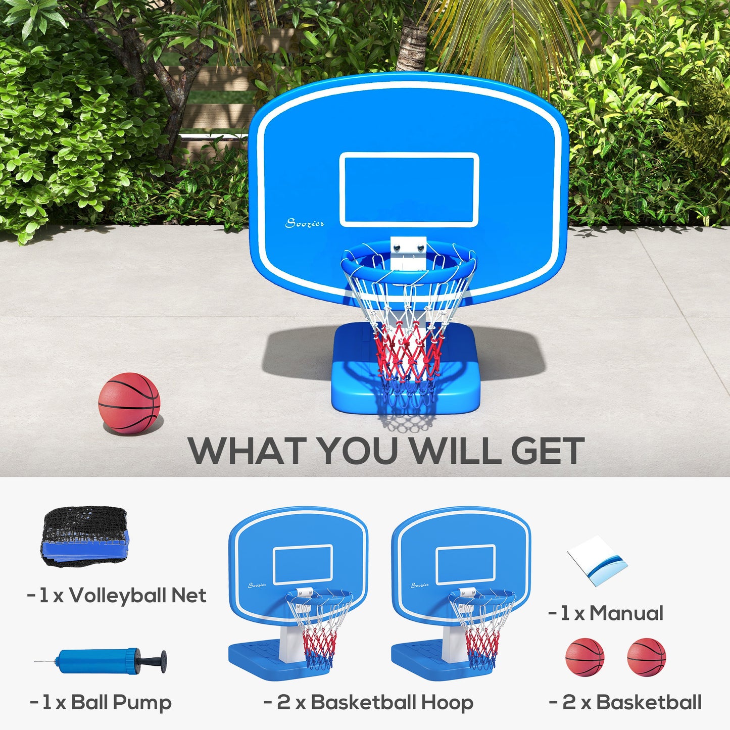 HOMCOM 51"-64" Height Adjustable Basketball System Poolside Hoop Stand Portable with Wheels