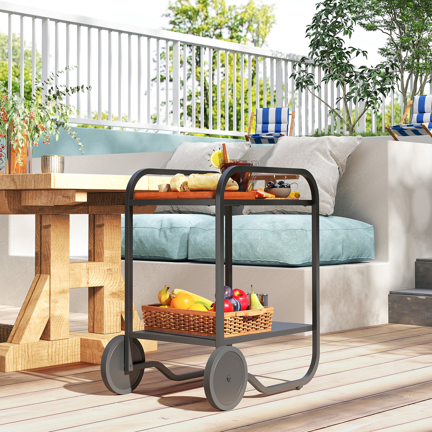 Outsunny Bar Cart with Storage, 2-Tier Rolling Kitchen Cart on Wheels with Side Handle and Steel Frame for Indoor Outdoor, Black