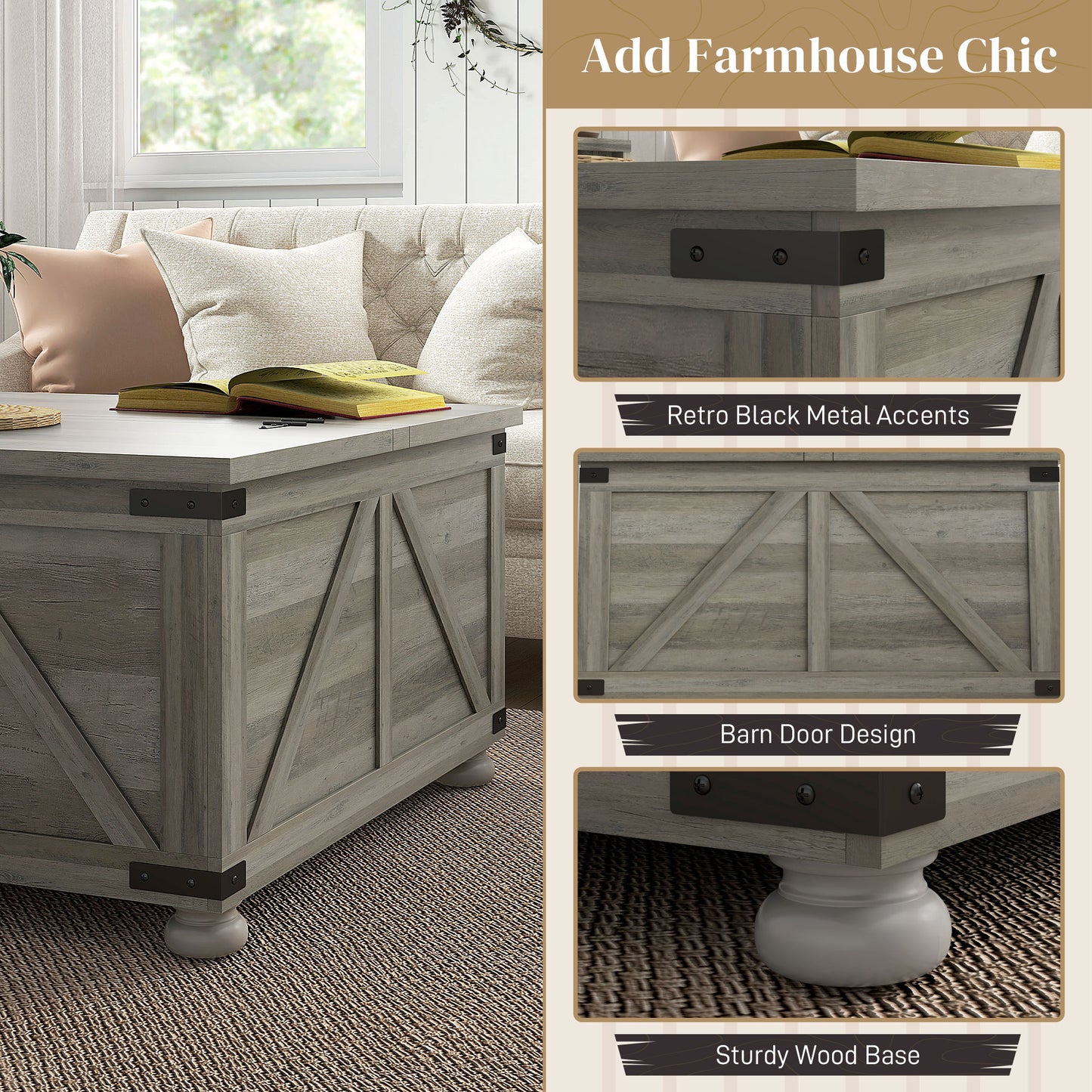 HOMCOM Farmhouse Coffee Table, Square Center Table with Flip-top Lids, Hidden Storage Compartment and Wooden Legs, Oak