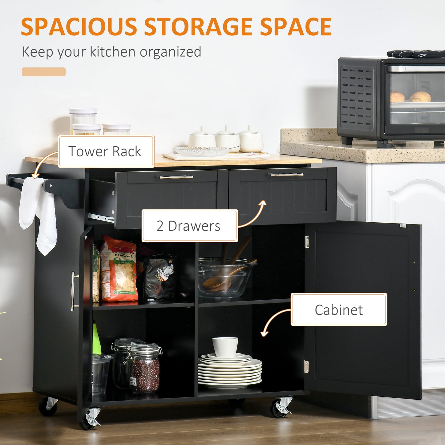 HOMCOM Rolling Kitchen Island with Storage Drawers, Kitchen Cart with Rubber Wood Top, Cabinet & Towel Rack, White