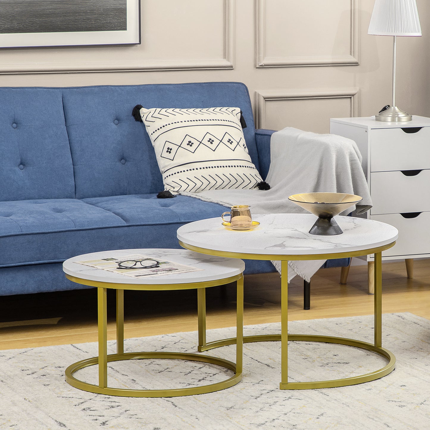 HOMCOM Nesting Tables, 29" Round Coffee Table Set of 2, Modern Side Tables for Living Room with Metal Base, Faux Marbled White