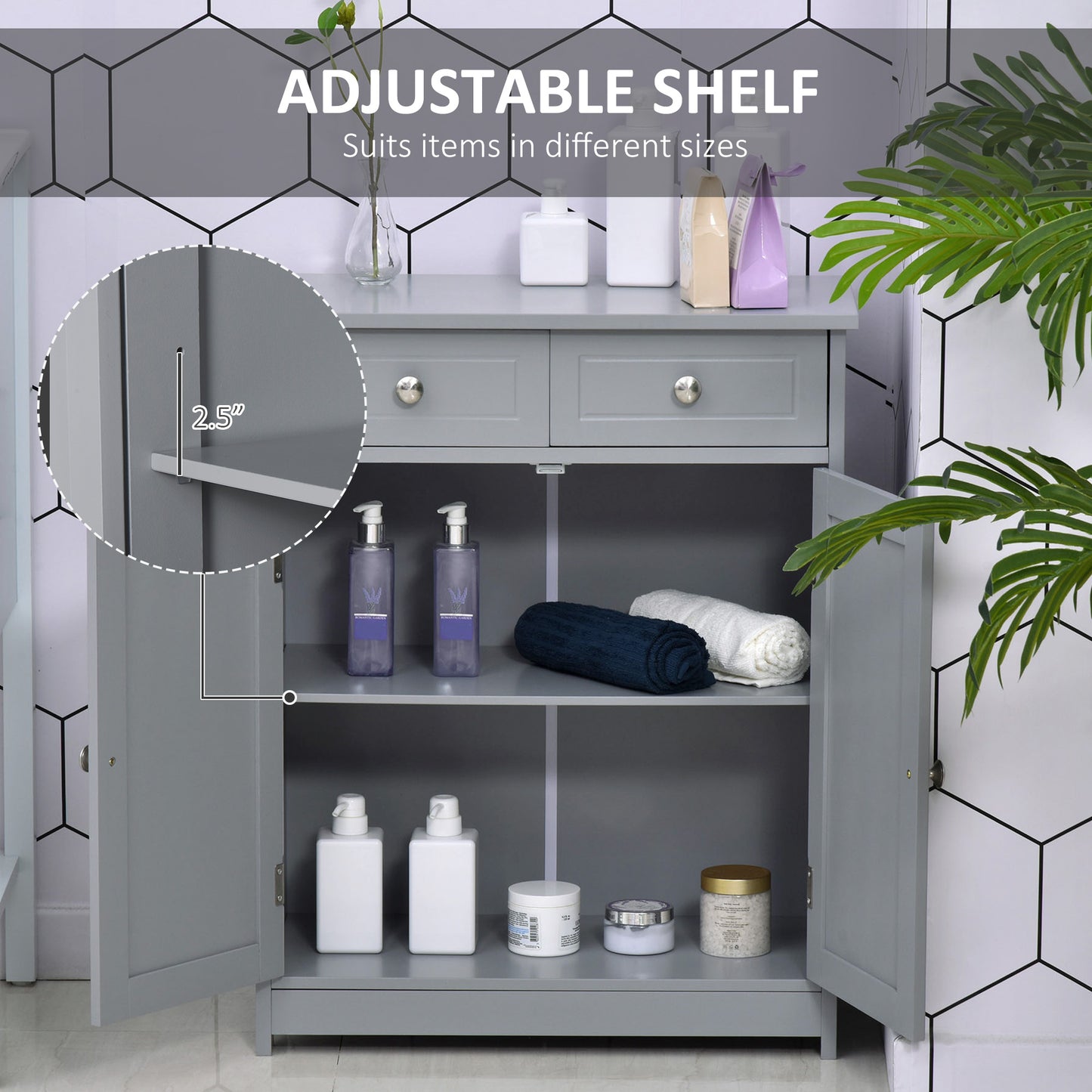 kleankin Freestanding Bathroom Floor Cabinet, Organizer Floor Tower with 2 Door, 2 Drawers, Adjustable Shelf, Grey