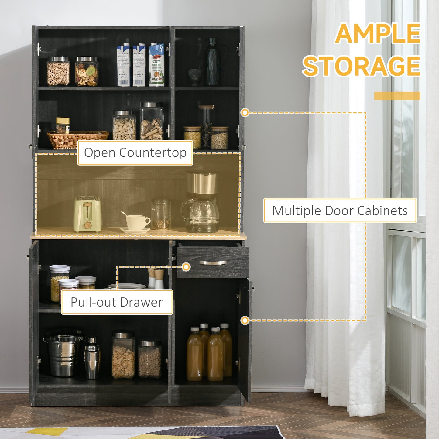 HOMCOM 71" Modern Buffet with Hutch, Standing Kitchen Hutch with Storage Cabinets, Drawer, Open Space with Microwave Stand, White