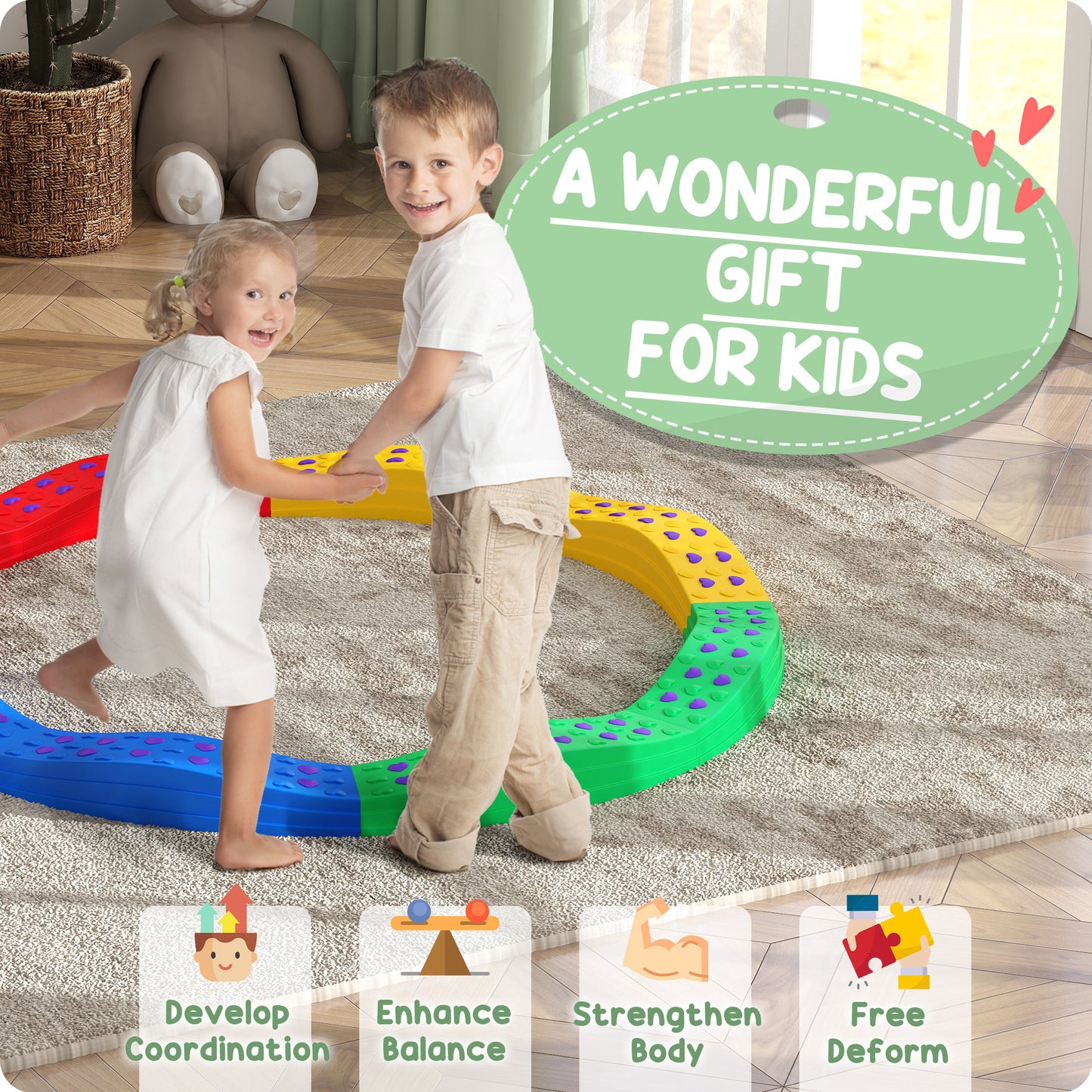 Outsunny 8pcs Balance Beam for Kids, 4 Sensory Pads and 4 Beams with Non-slip Surface & Bottom, Stackable Stepping Stones Kids for Boys Girls 3-6 Years, Multicoloured