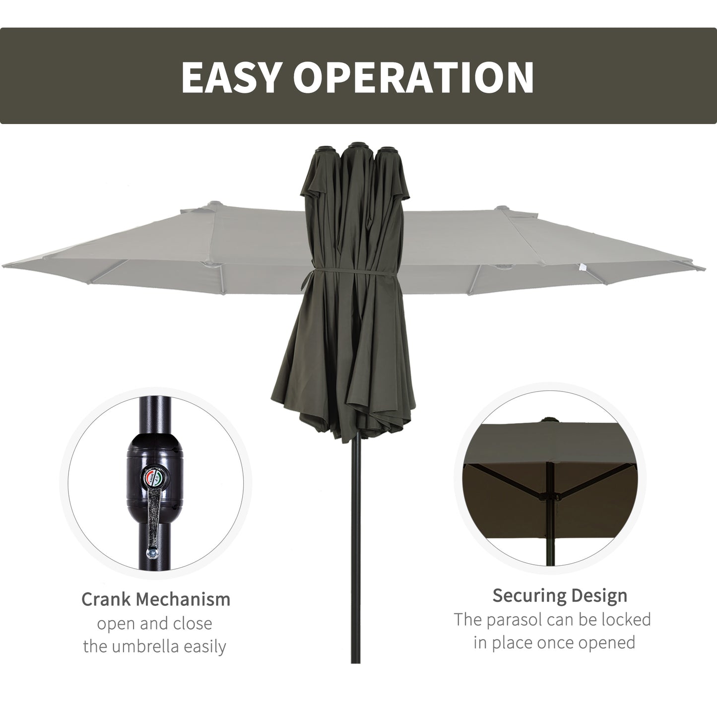 Outsunny 15' Double-Sided Patio Umbrella Parasol Sun Shelter Canopy Shade Grey