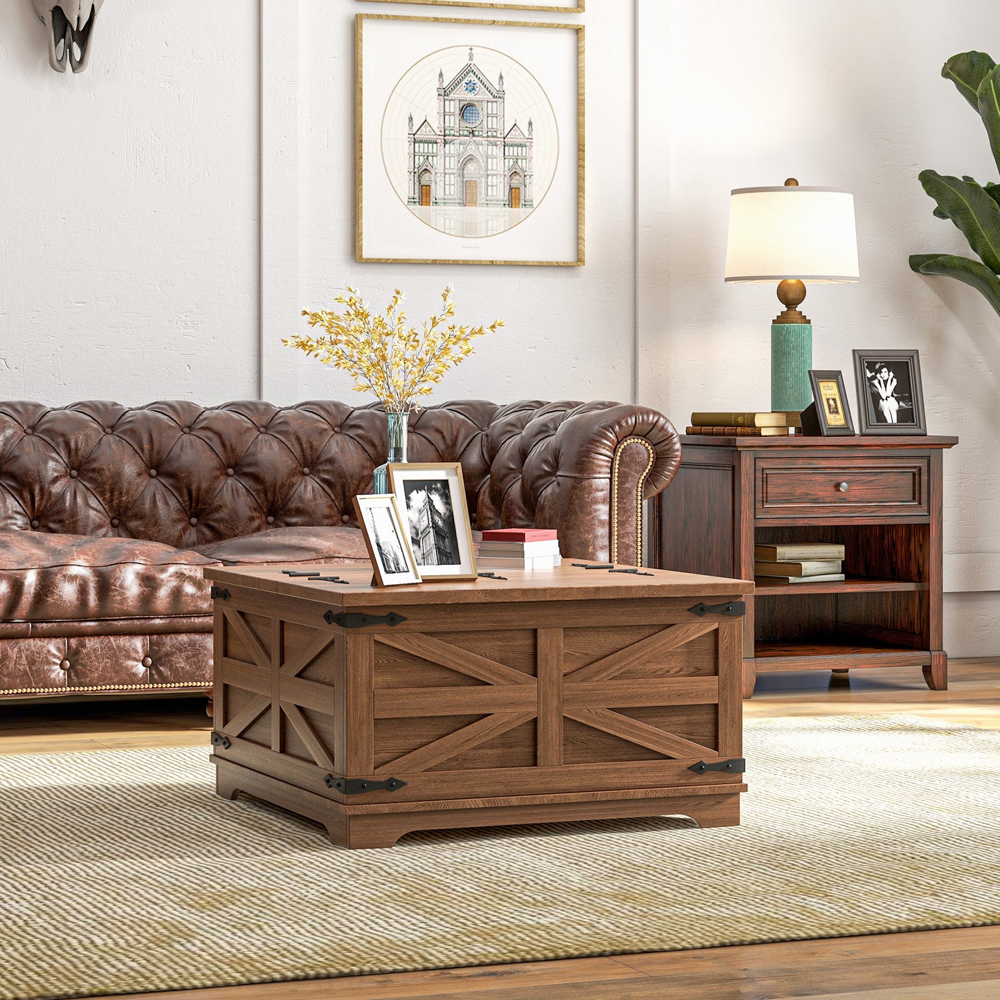 HOMCOM Farmhouse Coffee Table, Square Center Table with Flip-top Lids, Hidden Storage Compartment, Black