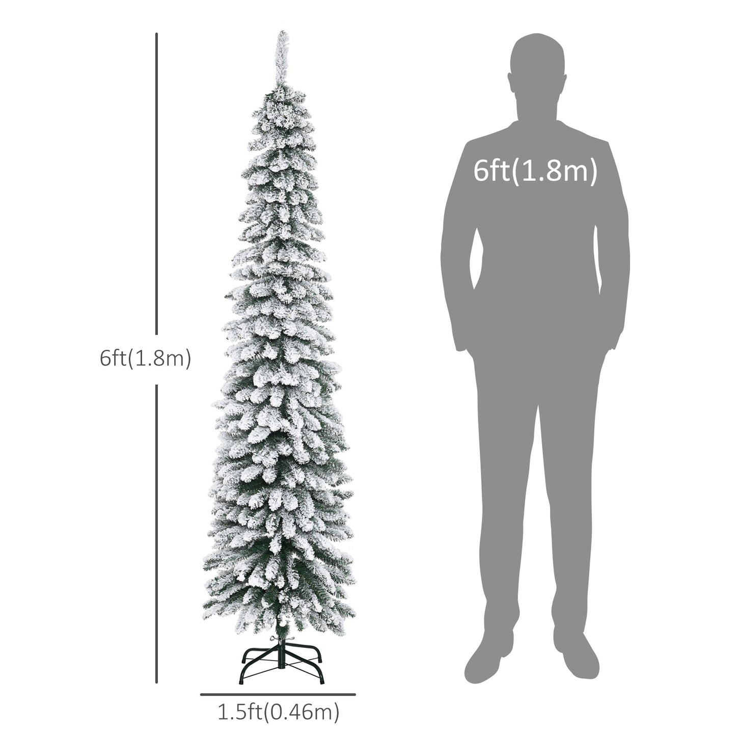 HOMCOM 6 Ft Snow-Flocked Artificial Christmas Tree, Slim Pencil Xmas Tree with Realistic Branches, Metal Base, Green