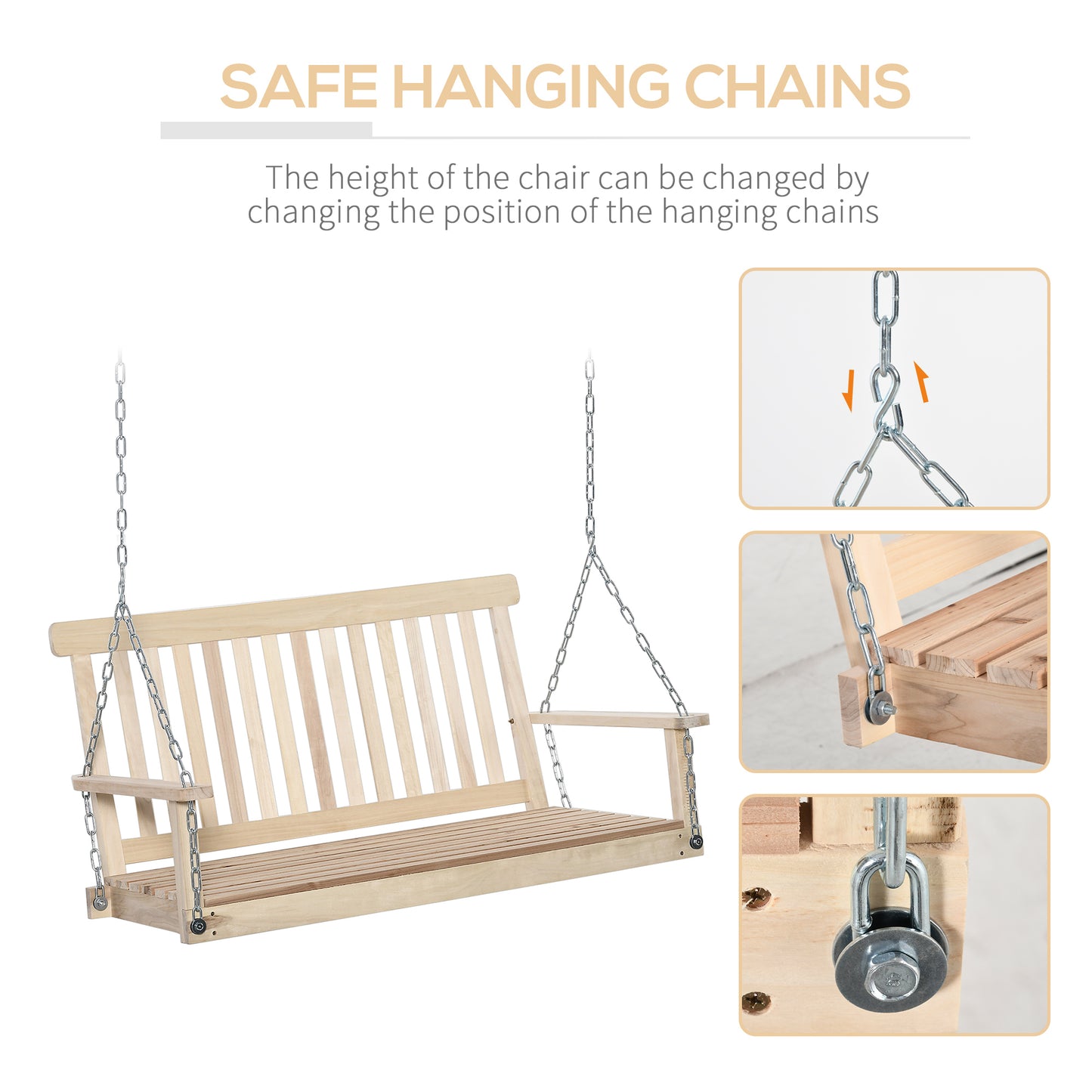 Outsunny 2 Person Wooden Porch Swing, Patio Swing Chair with Hanging Chains, Slatted Back & Seat, Outdoor Swing Bench for Garden, Backyard, Deck, Natural