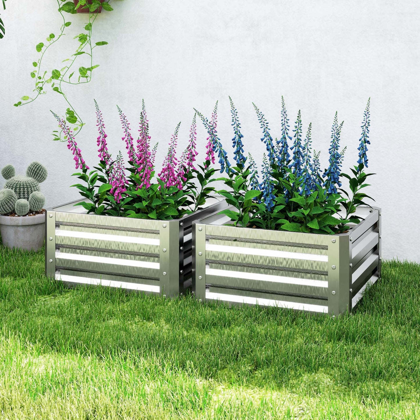 Outsunny 2' x 2' x 1' 2-Pieces Raised Garden Bed with Galvanised Steel Frame for Vegetables, Flowers, Herbs, Silver