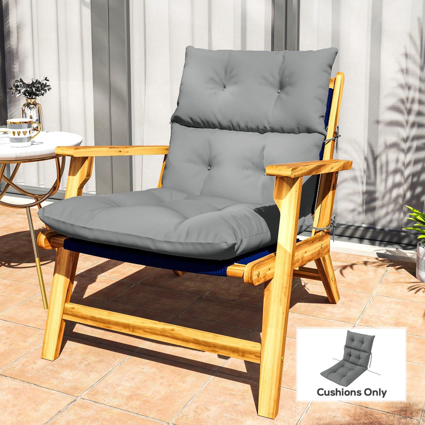 Outsunny Adirondack Chair Cushion, Tufted Rocking Chair Cushion with Ties, Non-Slip Replacement Seat Cushion for Outdoor Chair, Indoor Outdoor Cushion, Light Grey