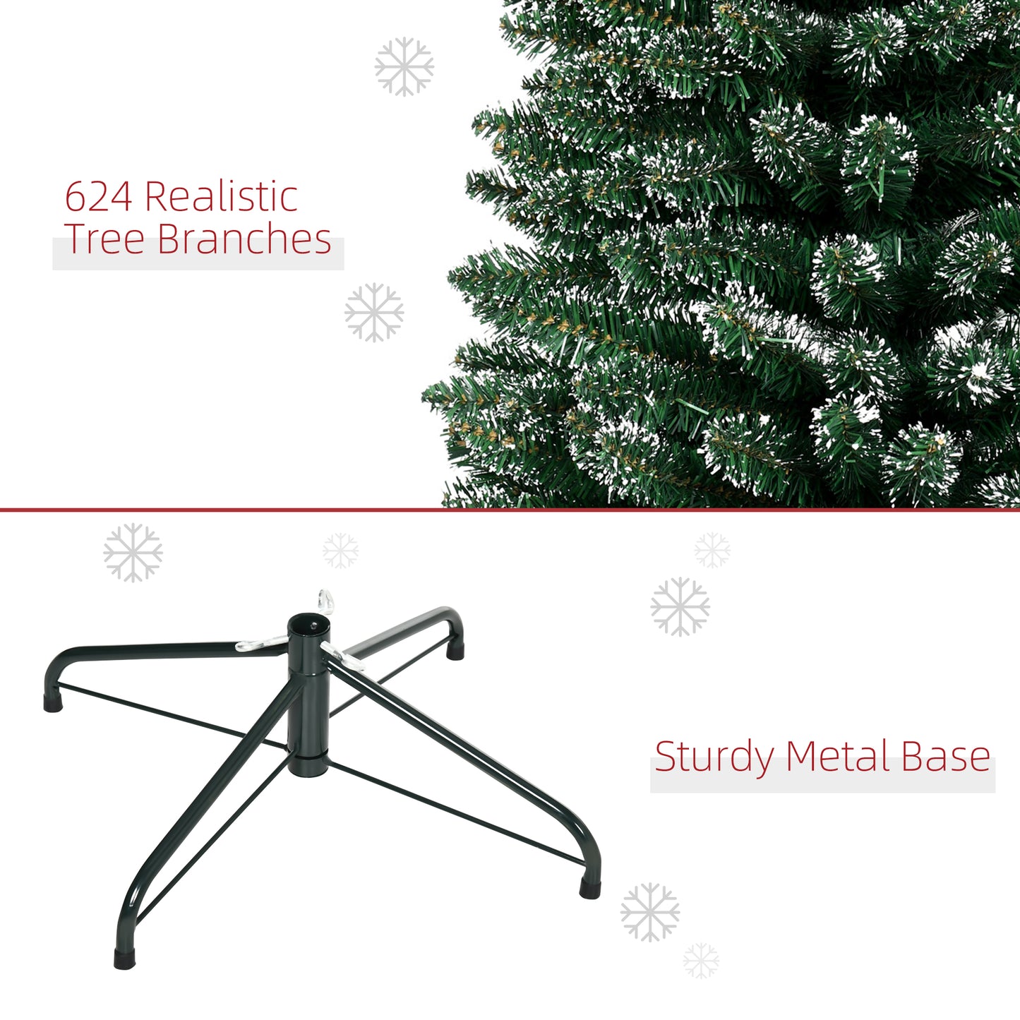 HOMCOM 6FT Artificial Snow Dipped Christmas Tree Xmas Pencil Tree Holiday Home Indoor Decoration with Foldable Black Stand, Green