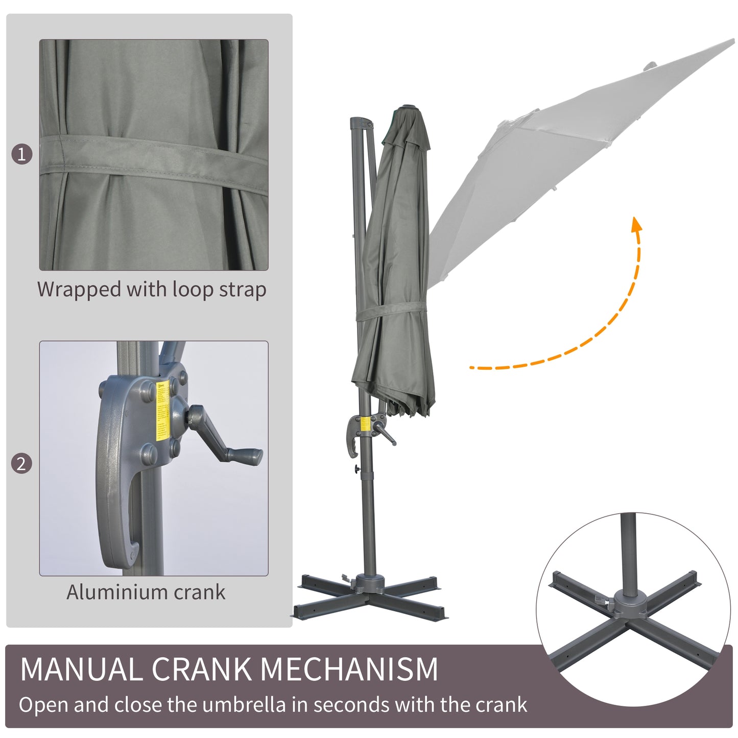 Outsunny 9.6' Cantilever Patio Umbrella Outdoor Hanging Offset Umbrella, Cross Base, 360° Rotation Aluminum Poles, Grey