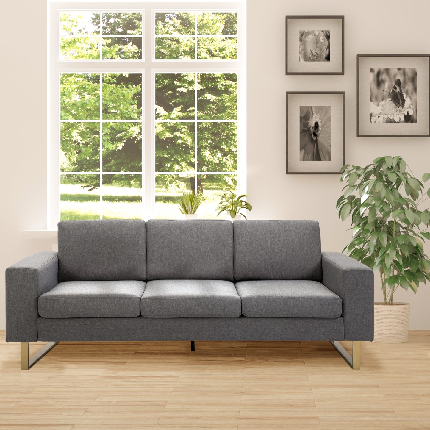 HOMCOM 3 Seater Sofa, Linen Upholstered Cozy Padded Couch with Steel Leg, Backrest and Wide Armrest, for Living room, Bedroom, Grey