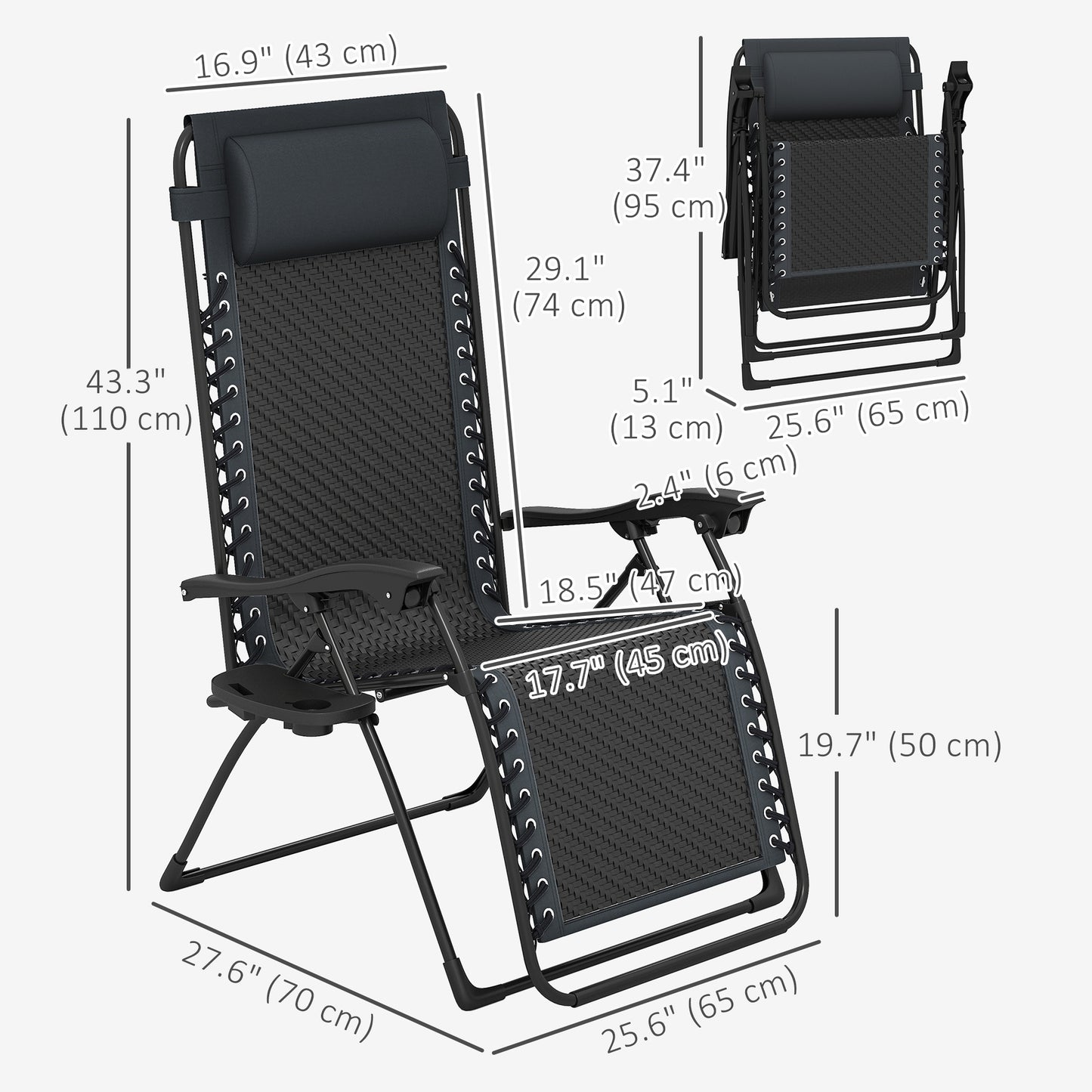 Outsunny Wicker Folding Lounge Chair with Adjustable Backrest, Rattan Recliner Chair with Headrest & Side Table Tray, Black