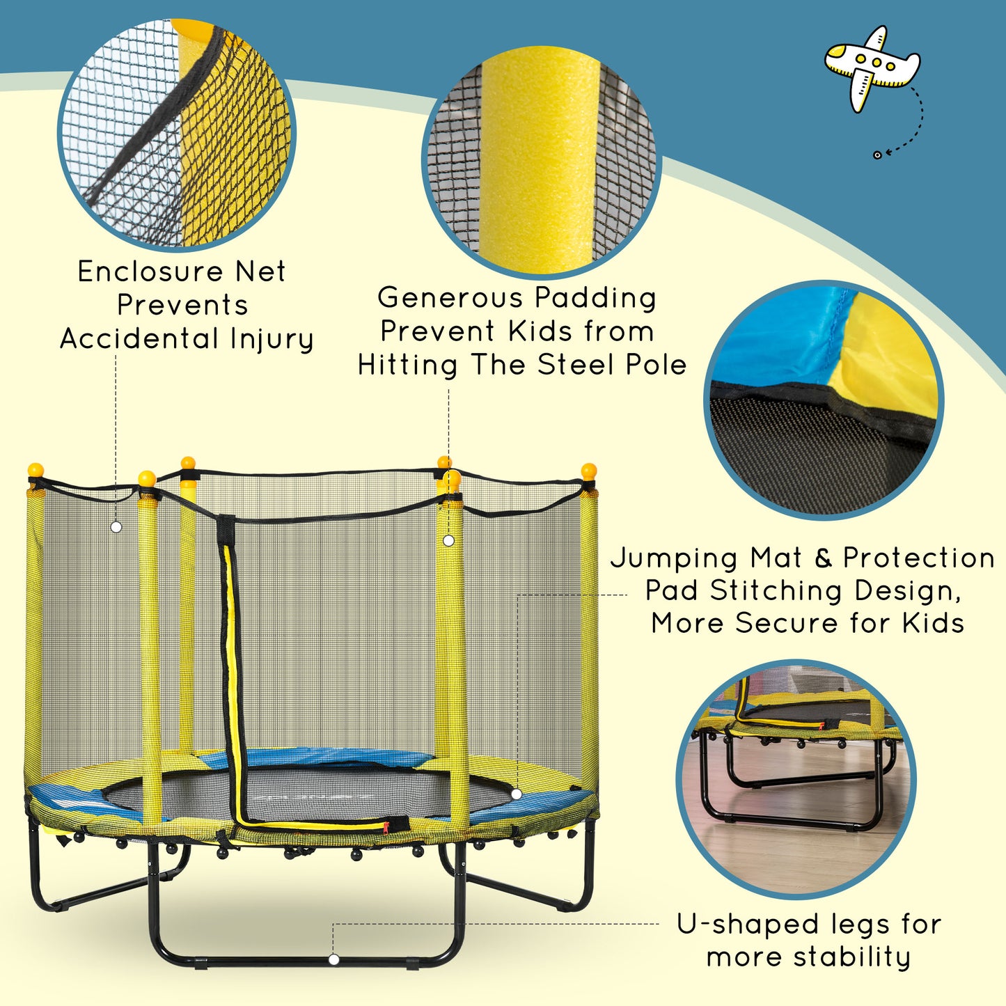 Qaba 4.6FT Trampoline for Kids with Enclosure Net for Ages 3-10, Indoor Outdoor Use, Black